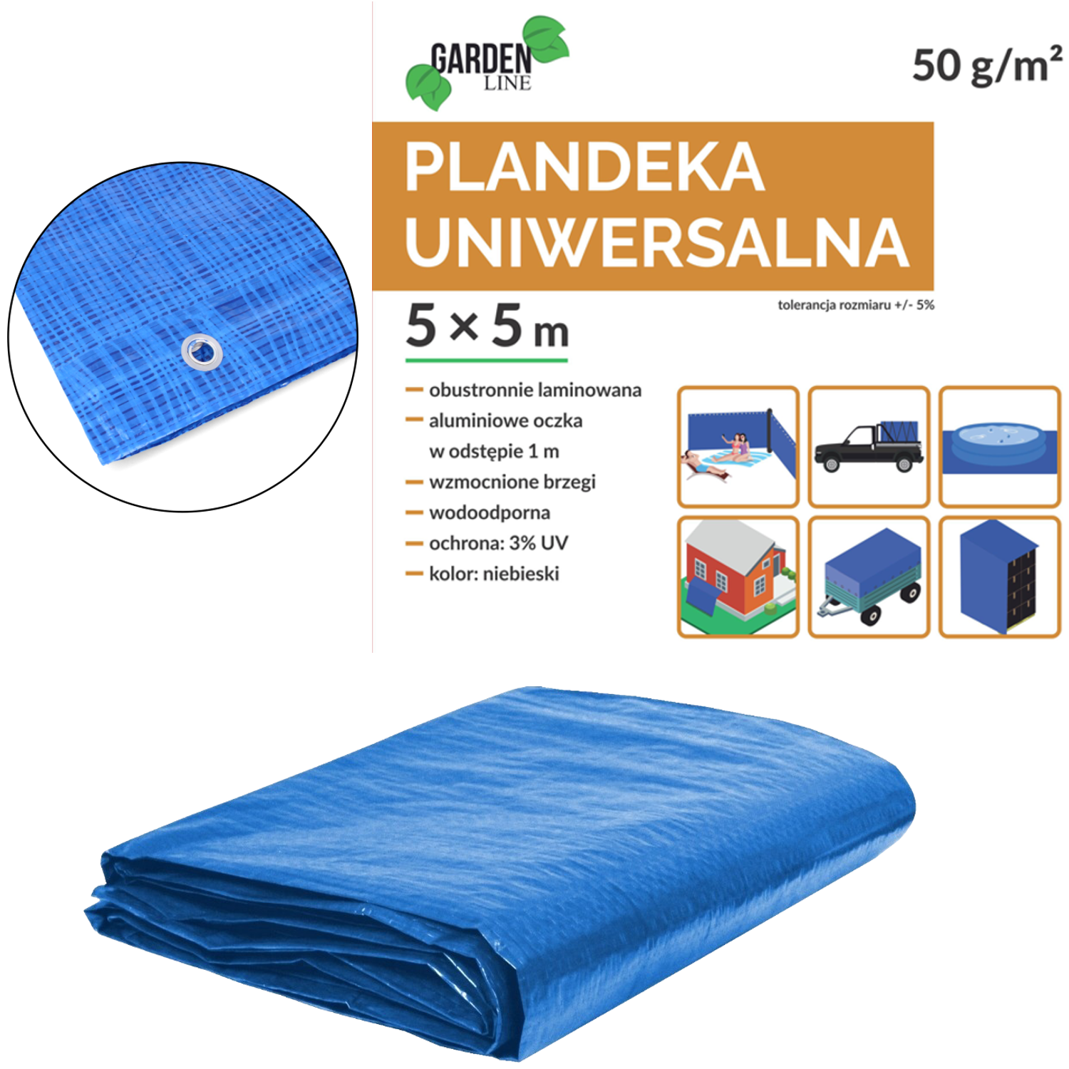 PLANDEKA 5 x 5 M (+/- 5%) 50GSM 3%UV NIEBIESKA *4119