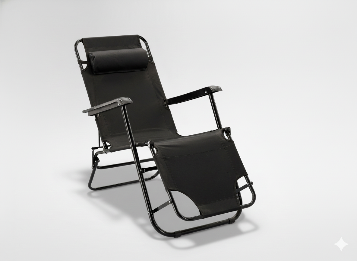 LEŻAK OGRODOWY SKŁADANY Z ZAGŁÓWKIEM CZARNY