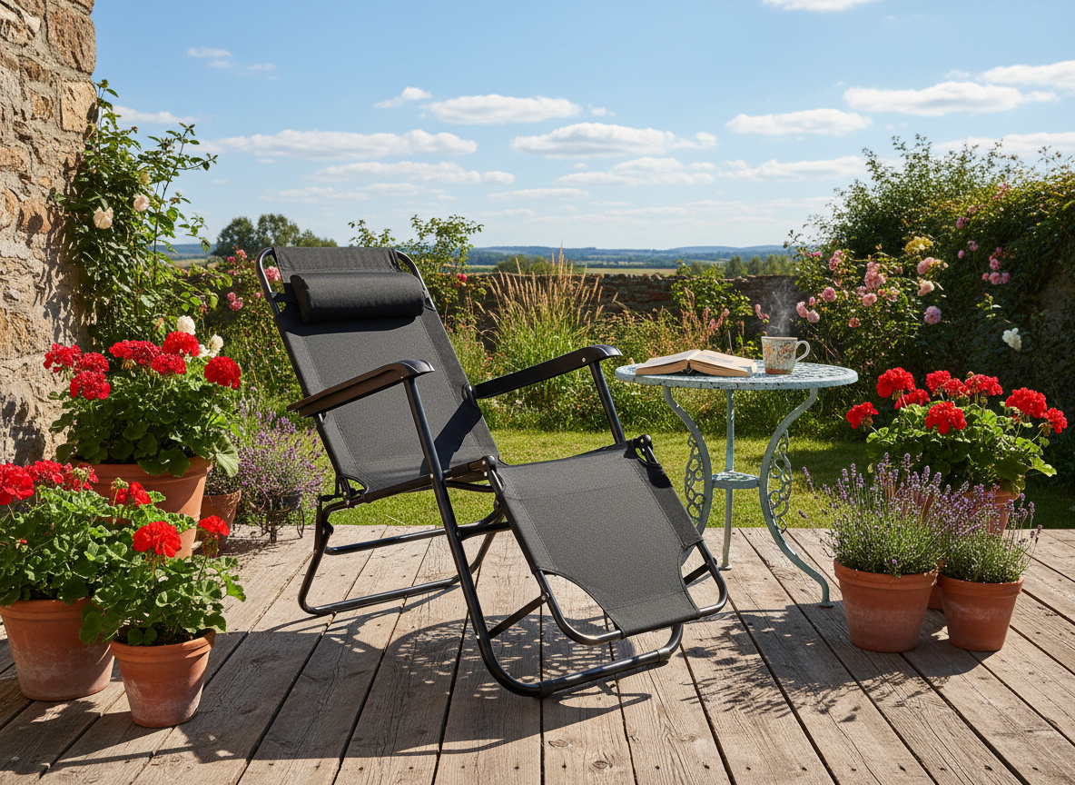 LEŻAK OGRODOWY SKŁADANY Z ZAGŁÓWKIEM CZARNY - obrazek 4