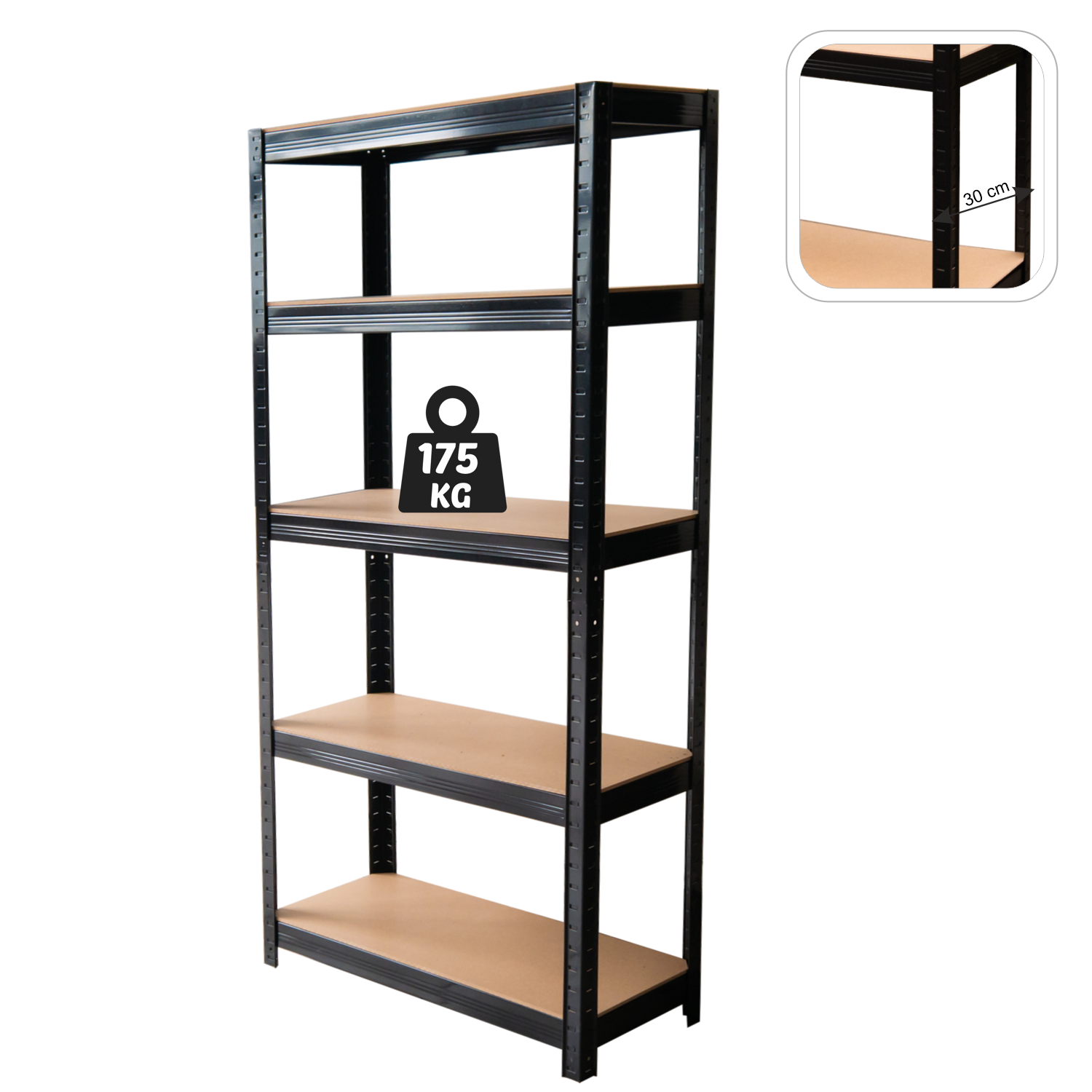 REGAŁ 5-POZIOMOWY 180 x 90 x 30 CM CZARNY UDŹWIG PÓŁKI: 175 KG *7361 - obrazek 2