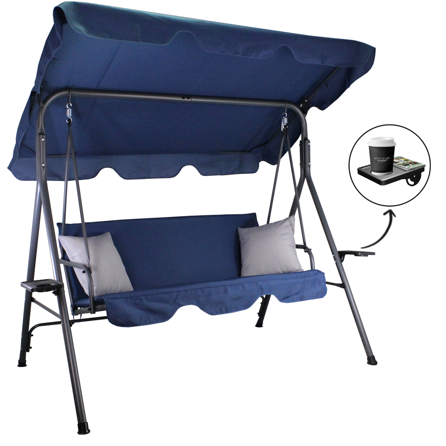 HUŚTAWKA OGRODOWA A-TYPE 170 x 118 x 153 cm GRANATOWA Z SZARYMI POD. I PODSTAWKAMI NA KUBEK - obrazek 4