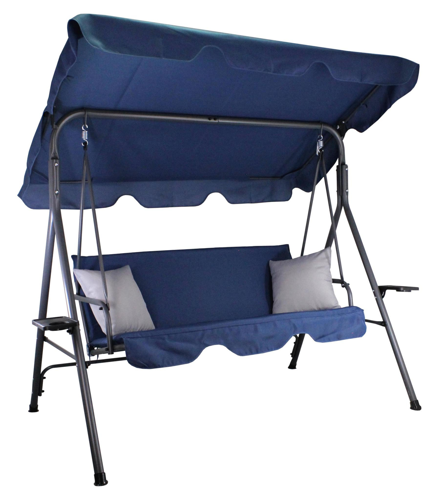 HUŚTAWKA OGRODOWA A-TYPE 170 x 118 x 153 cm GRANATOWA Z SZARYMI POD. I PODSTAWKAMI NA KUBEK - obrazek 2