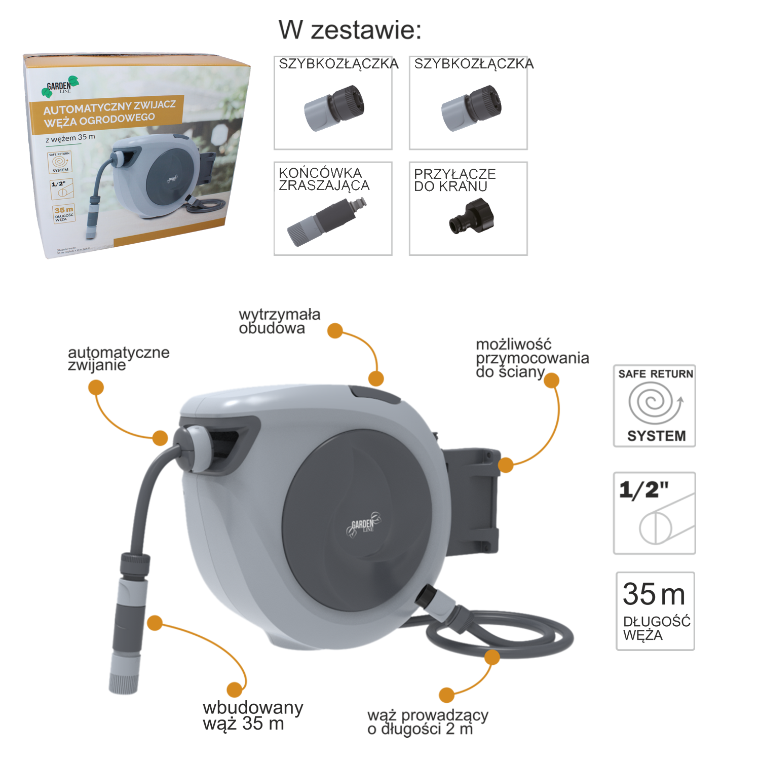 AUTOMATYCZNY ZWIJACZ WĘŻA OGRODOWEGO Z WĘŻEM - 35 M