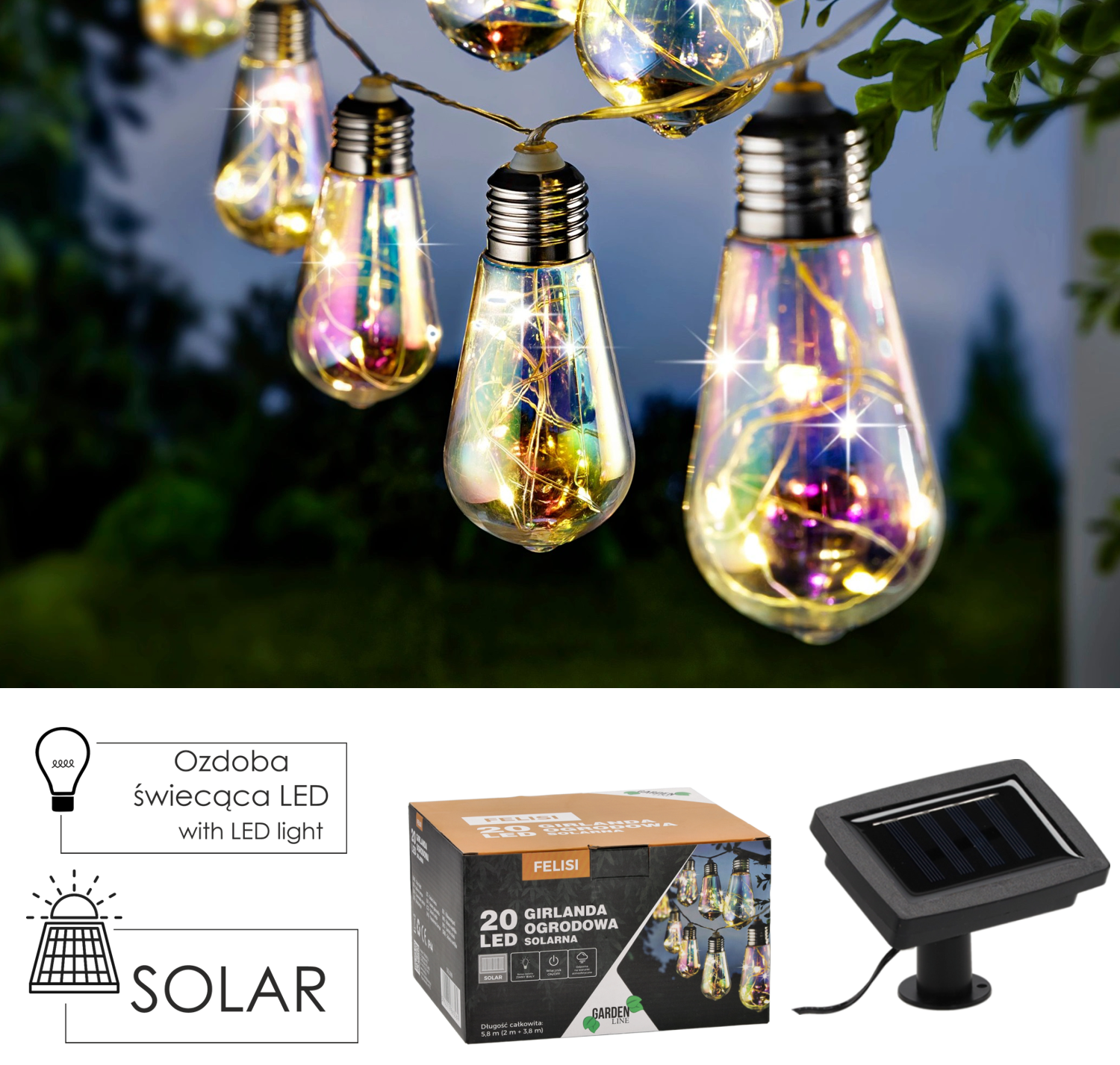 GIRLANDA SOLARNA OGRODOWA DŁ. 2 + 3,8 M FELISI 20 LED OPALOWY ZIMNY BIAŁY *3569