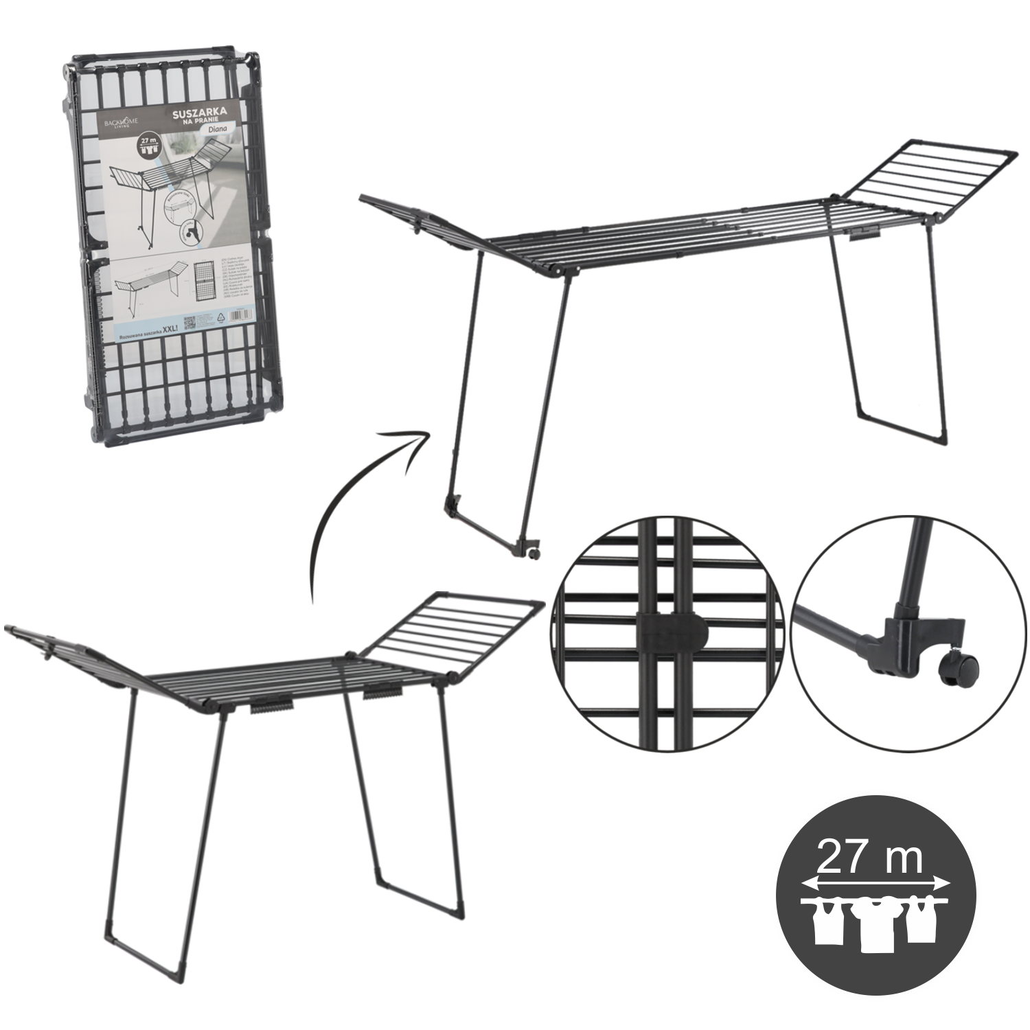 SUSZARKA DO BIELIZNY Z DWOMA WIESZAKAMI NA SKARPETKI '''DIANA'' 190-260 x 61 x 120 CM *9233