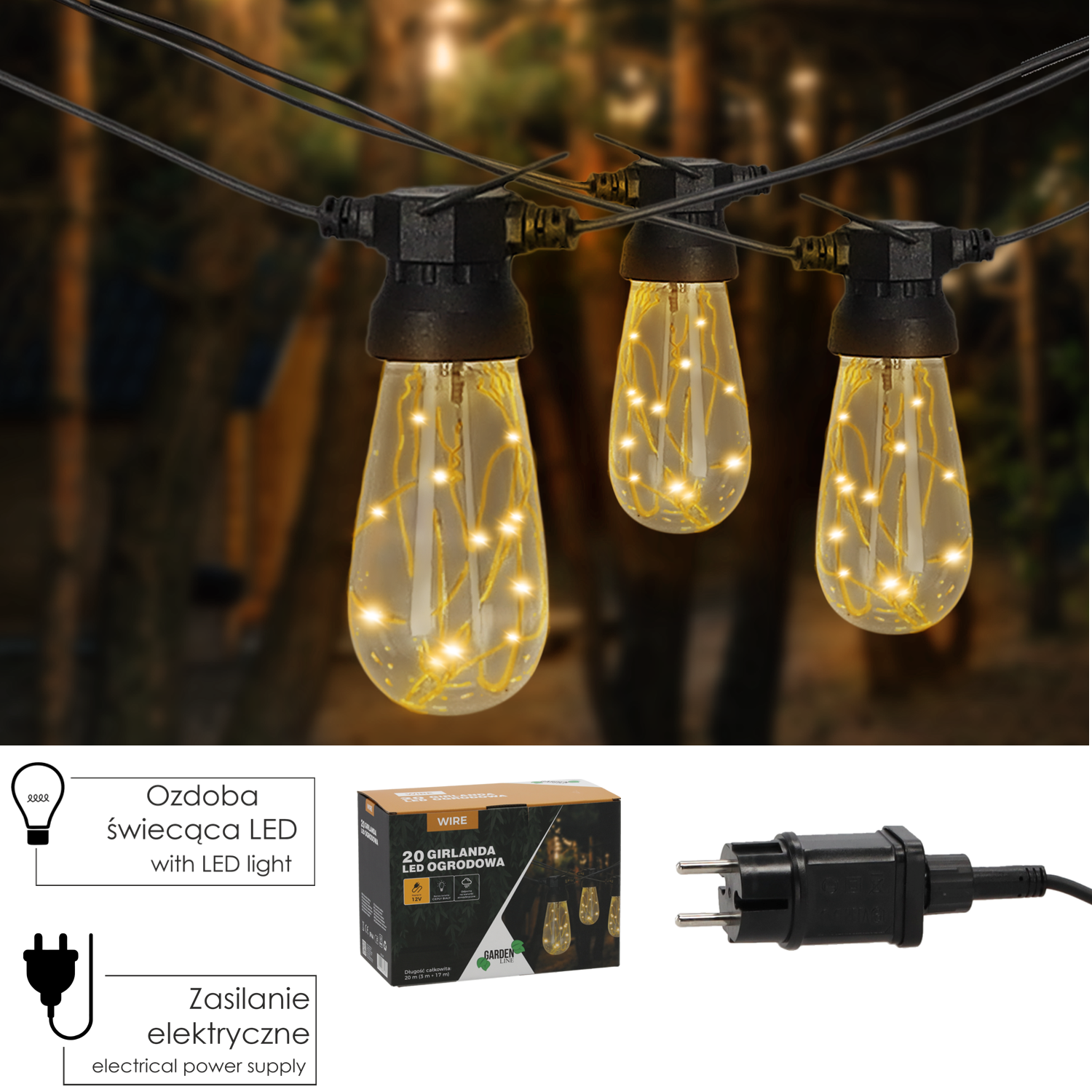 GIRLANDA OGRODOWA 12 V DŁ. 3 + 17 M WIRE 20 LED CIEPŁY BIAŁY Z UCHWYTAMI *1281 - obrazek 3