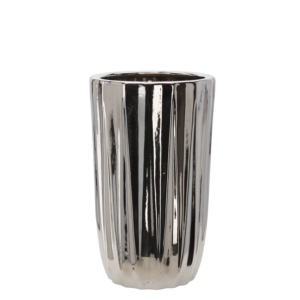 OSŁONKA CERAMICZNA NA DONICZKĘ 24,5 x 24,5 x 41,5 CM SREBRNA PRĄŻKI *3468