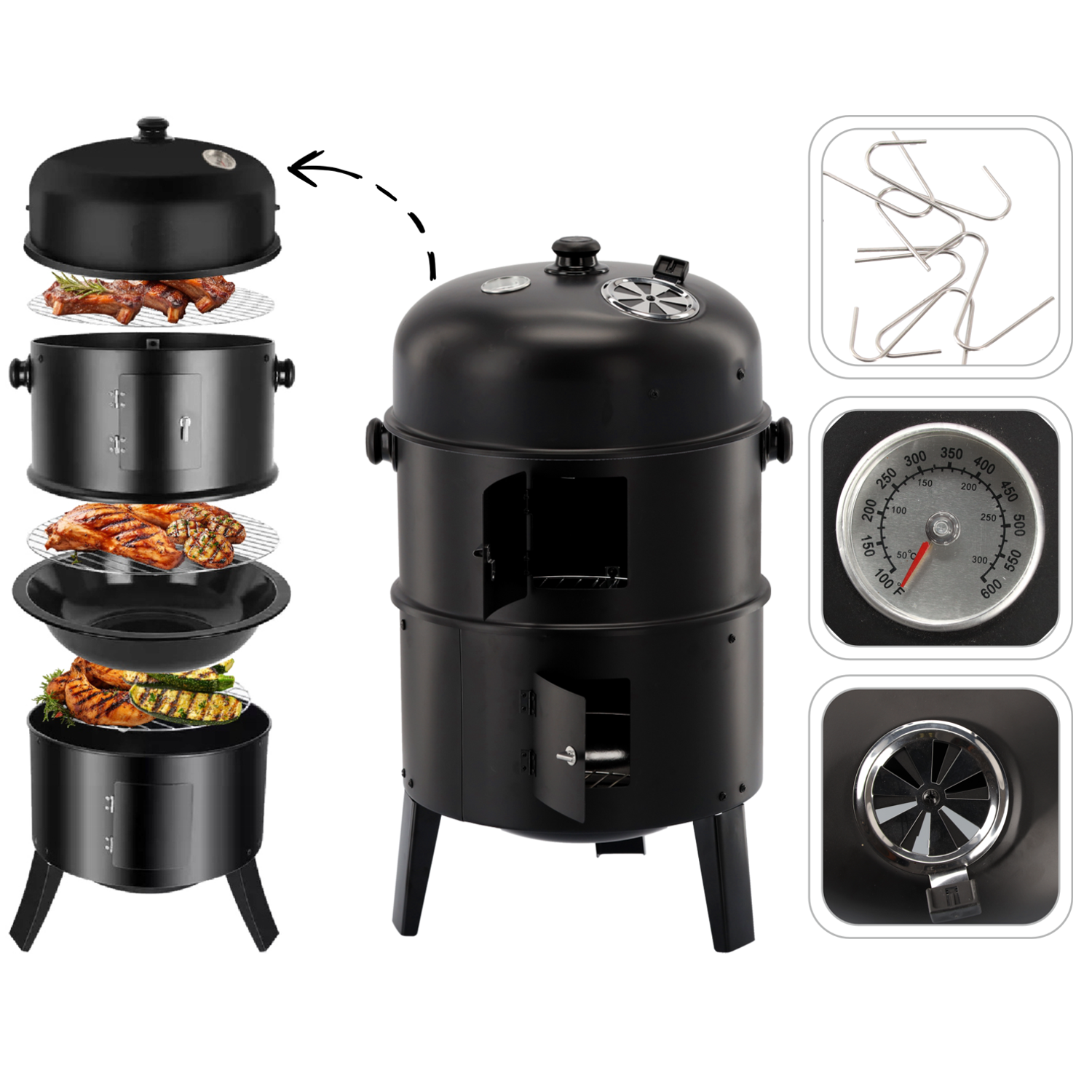 GRILL WIELOFUNKCYJNY 3 W 1 GRILL/WĘDZARNIA/PALENISKO 40 x 84 CM - obrazek 3