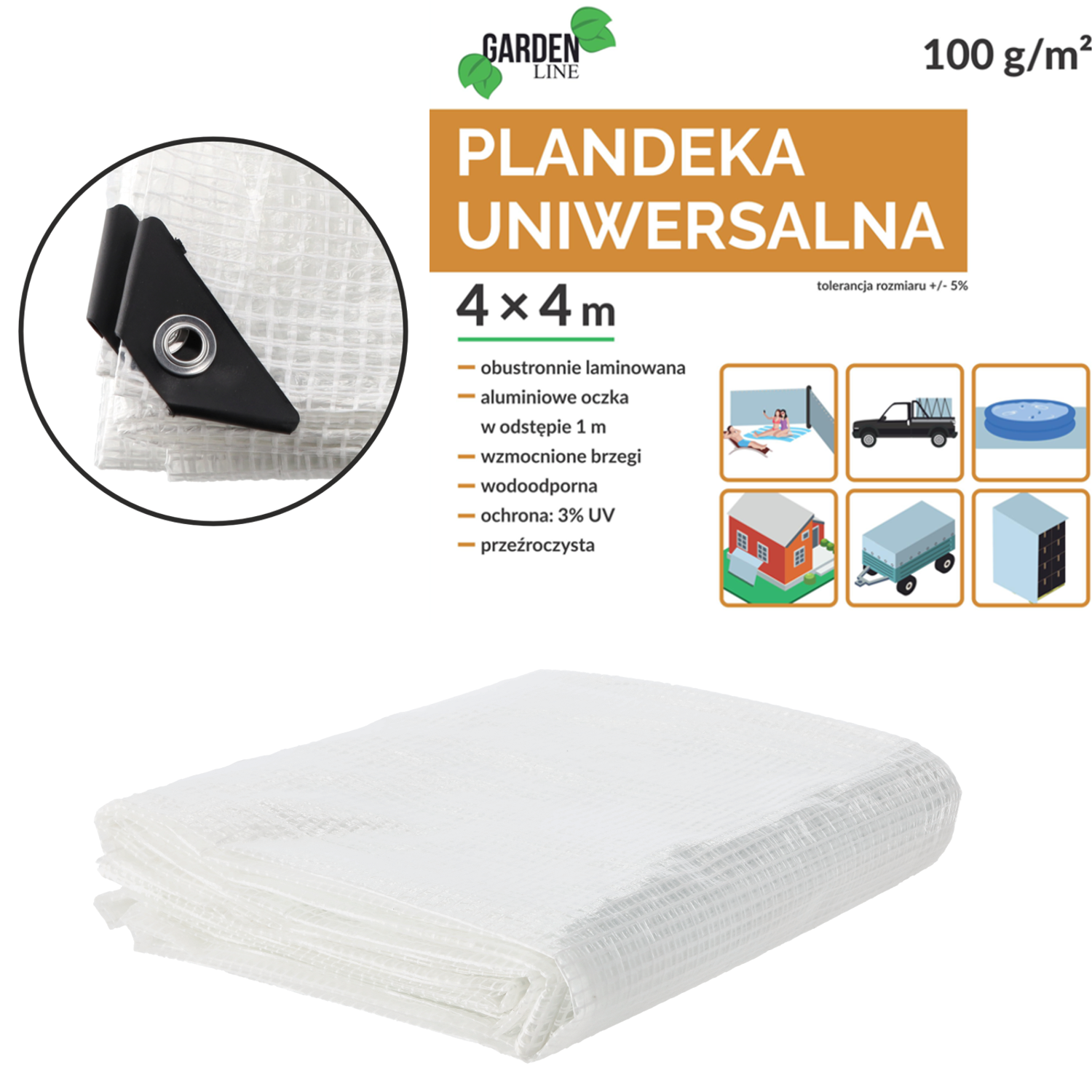 PLANDEKA 4 X 4 M (+/- 5%) 100GSM 3% UV PRZEŹROCZYSTA *7664