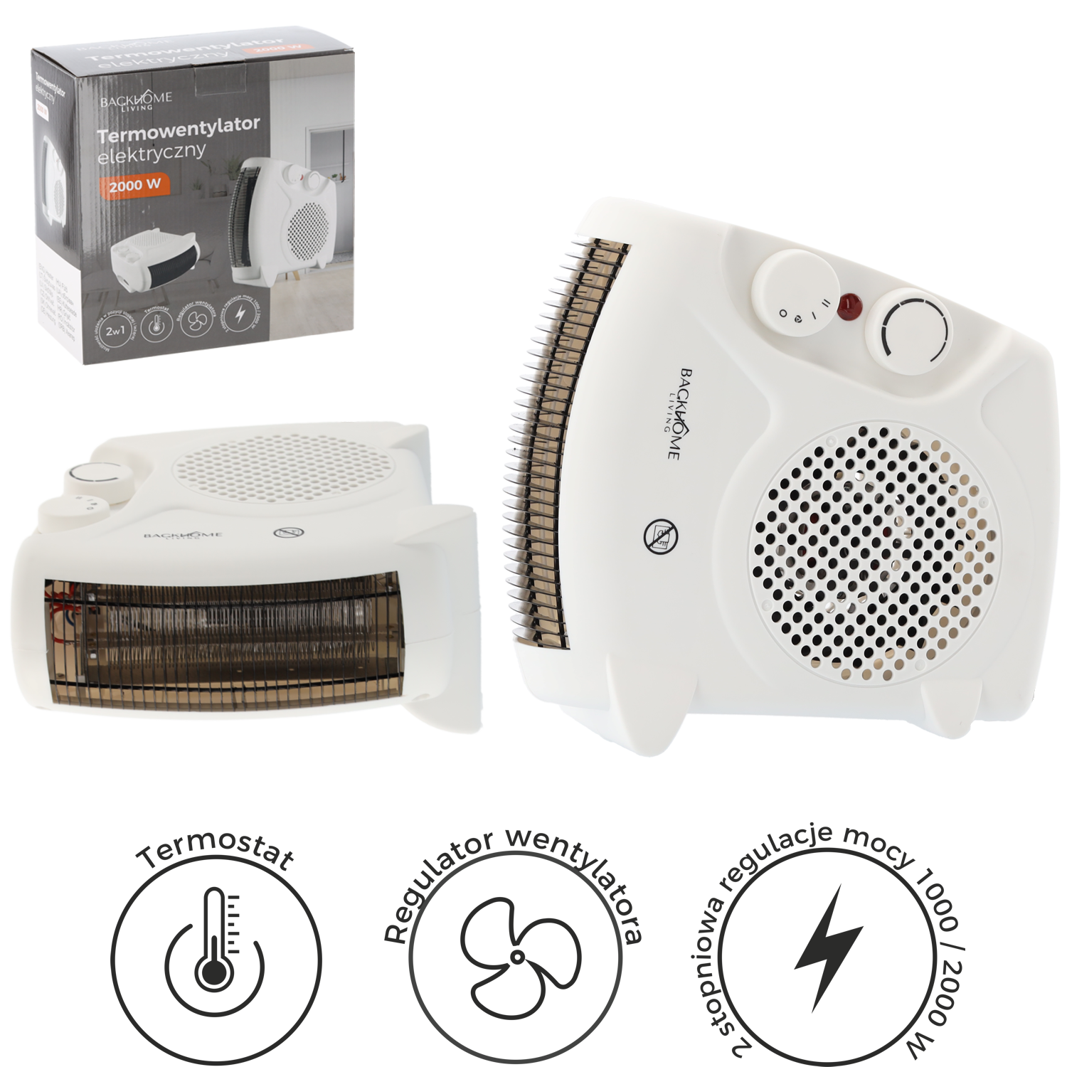 TERMOWENTYLATOR ELEKTRYCZNY / FARELKA BIAŁA 2000W - obrazek 2