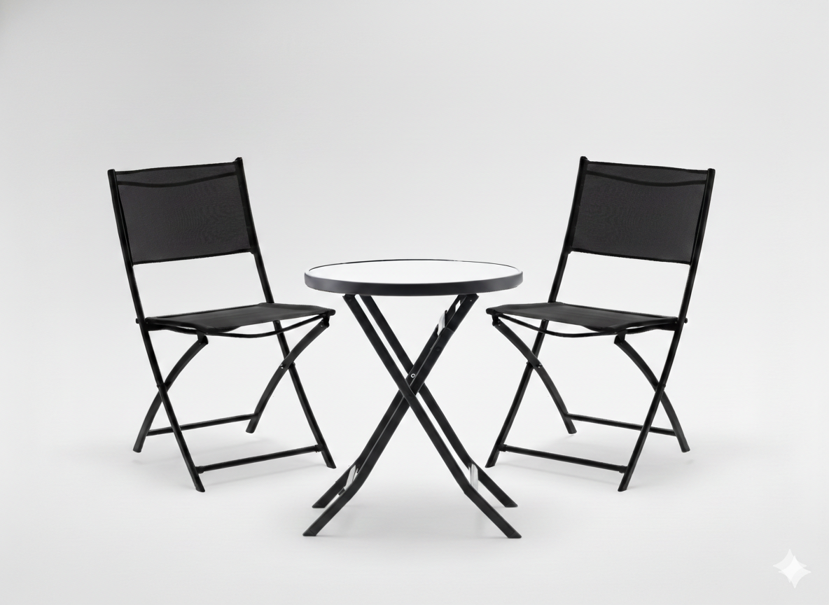 ZESTAW MEBLI BALKONOWYCH - STOLIK OKRĄGŁY + 2 SKŁADANE KRZESŁA - CZARNY - obrazek 4