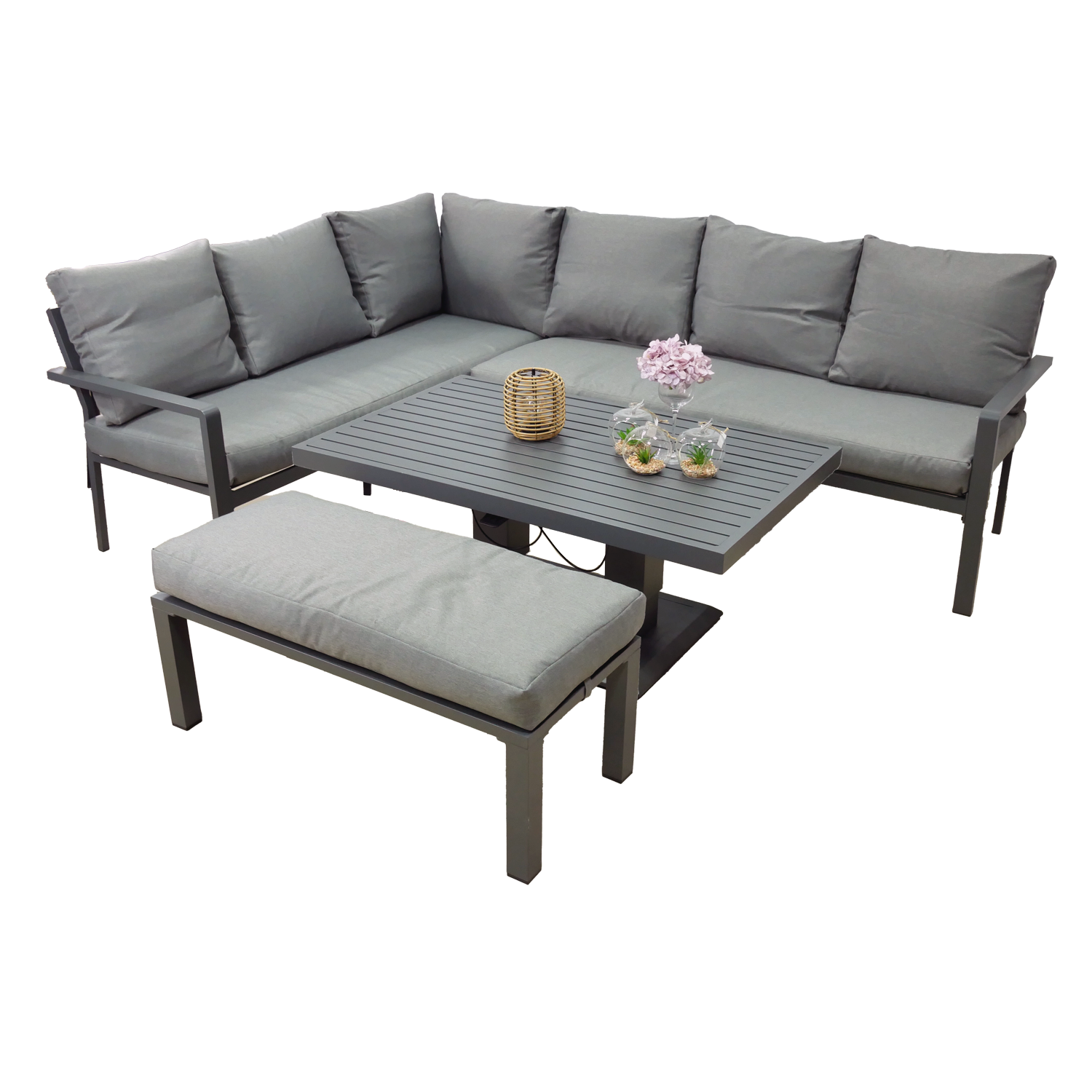 ZESTAW MEBLI ALUMINIOWYCH (SOFA NAROŻNA + PUFA + STOLIK) SZARY + SZARE PODUSZKI - obrazek 2