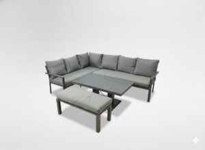ZESTAW MEBLI ALUMINIOWYCH (SOFA NAROŻNA + PUFA + STOLIK) SZARY + SZARE PODUSZKI