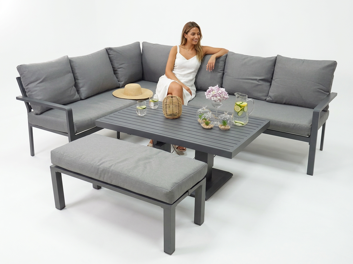 ZESTAW MEBLI ALUMINIOWYCH (SOFA NAROŻNA + PUFA + STOLIK) SZARY + SZARE PODUSZKI - obrazek 15