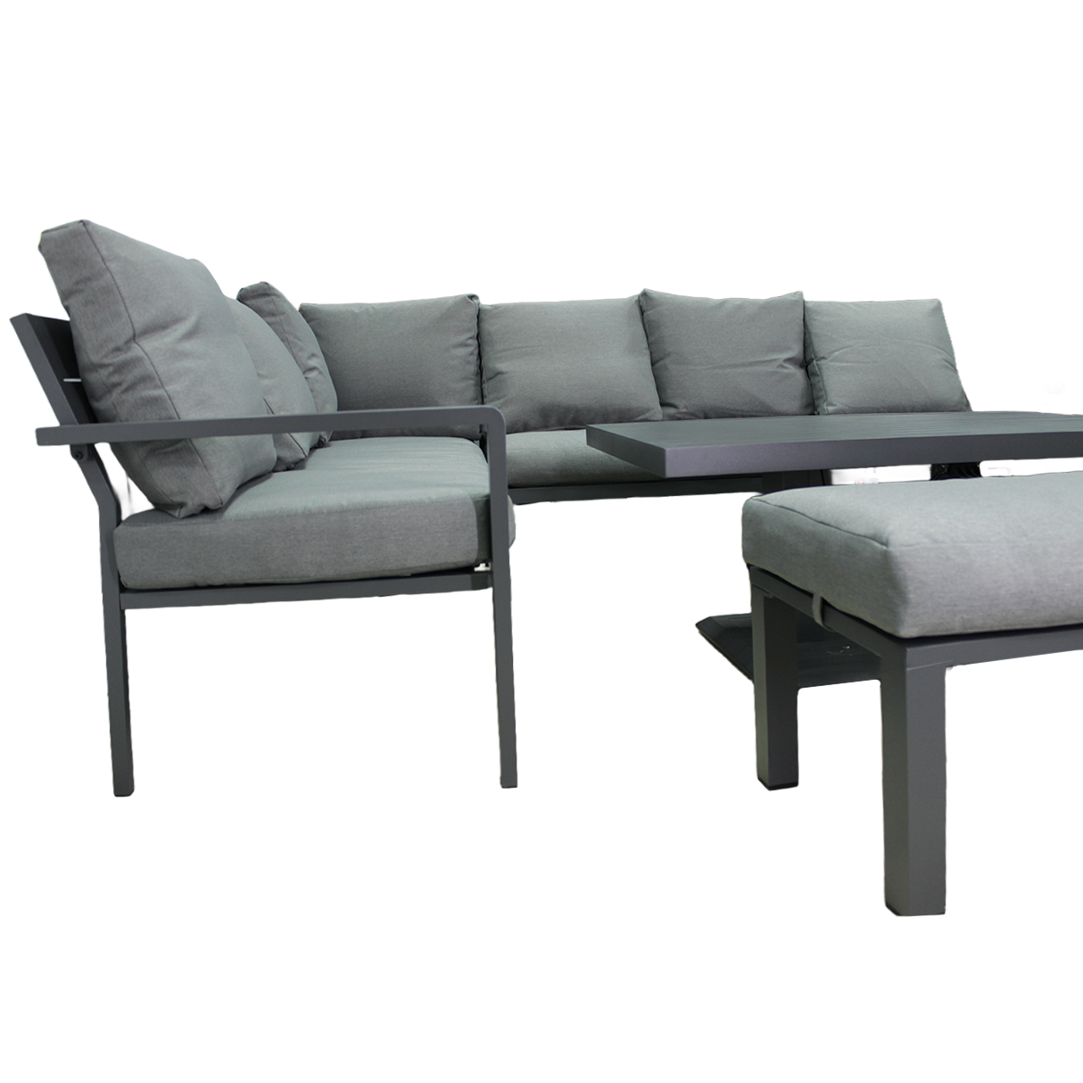 ZESTAW MEBLI ALUMINIOWYCH (SOFA NAROŻNA + PUFA + STOLIK) SZARY + SZARE PODUSZKI - obrazek 5