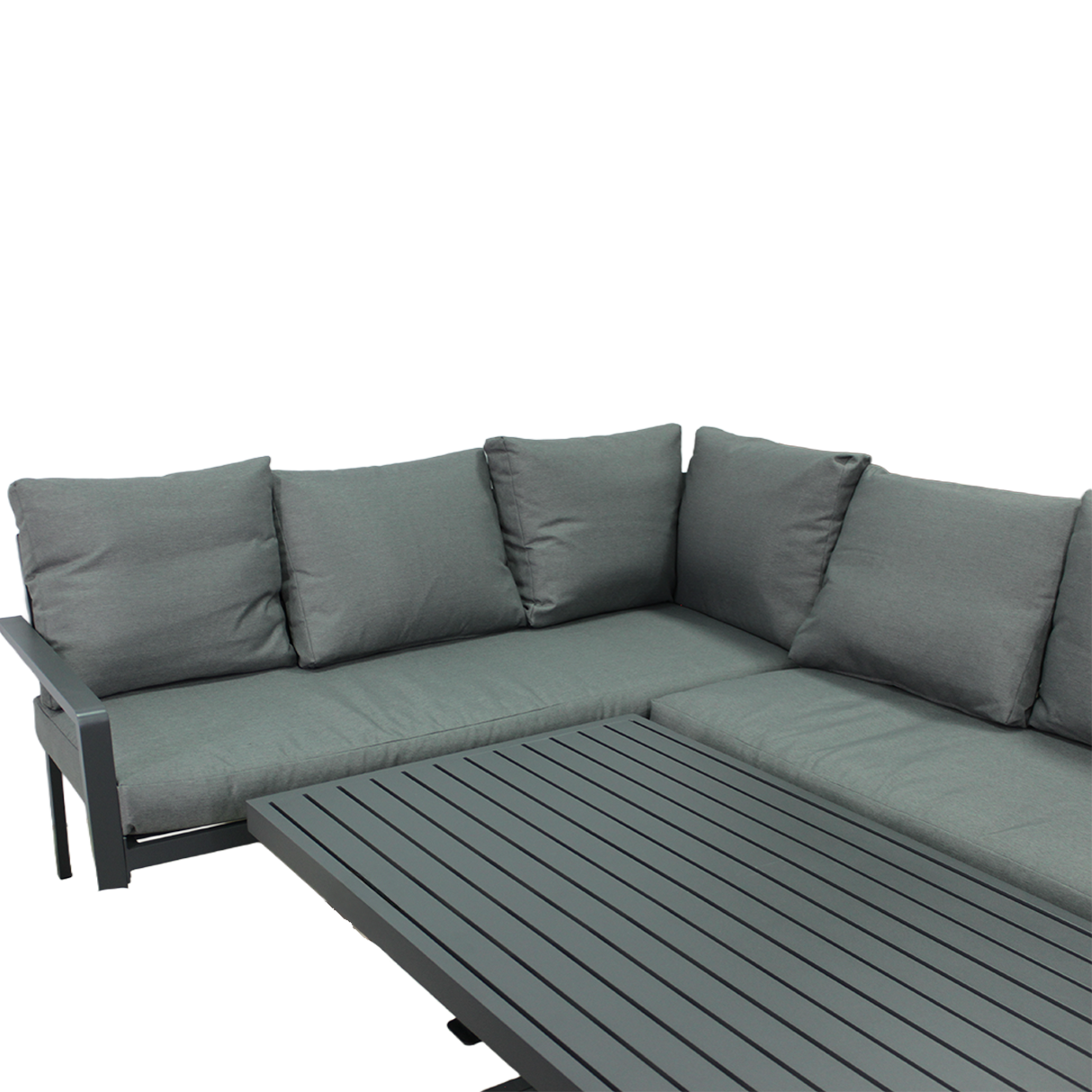 ZESTAW MEBLI ALUMINIOWYCH (SOFA NAROŻNA + PUFA + STOLIK) SZARY + SZARE PODUSZKI - obrazek 4