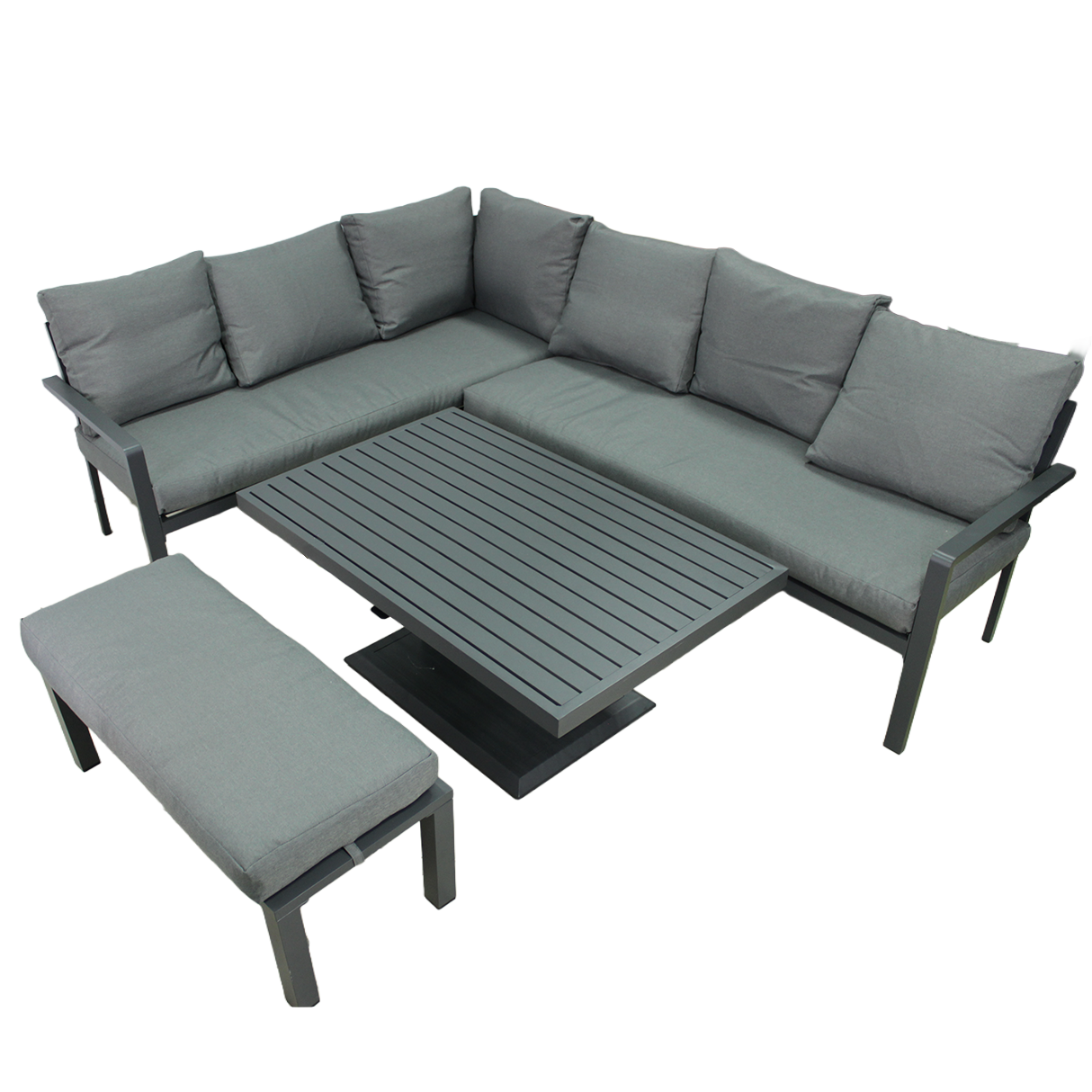 ZESTAW MEBLI ALUMINIOWYCH (SOFA NAROŻNA + PUFA + STOLIK) SZARY + SZARE PODUSZKI - obrazek 3