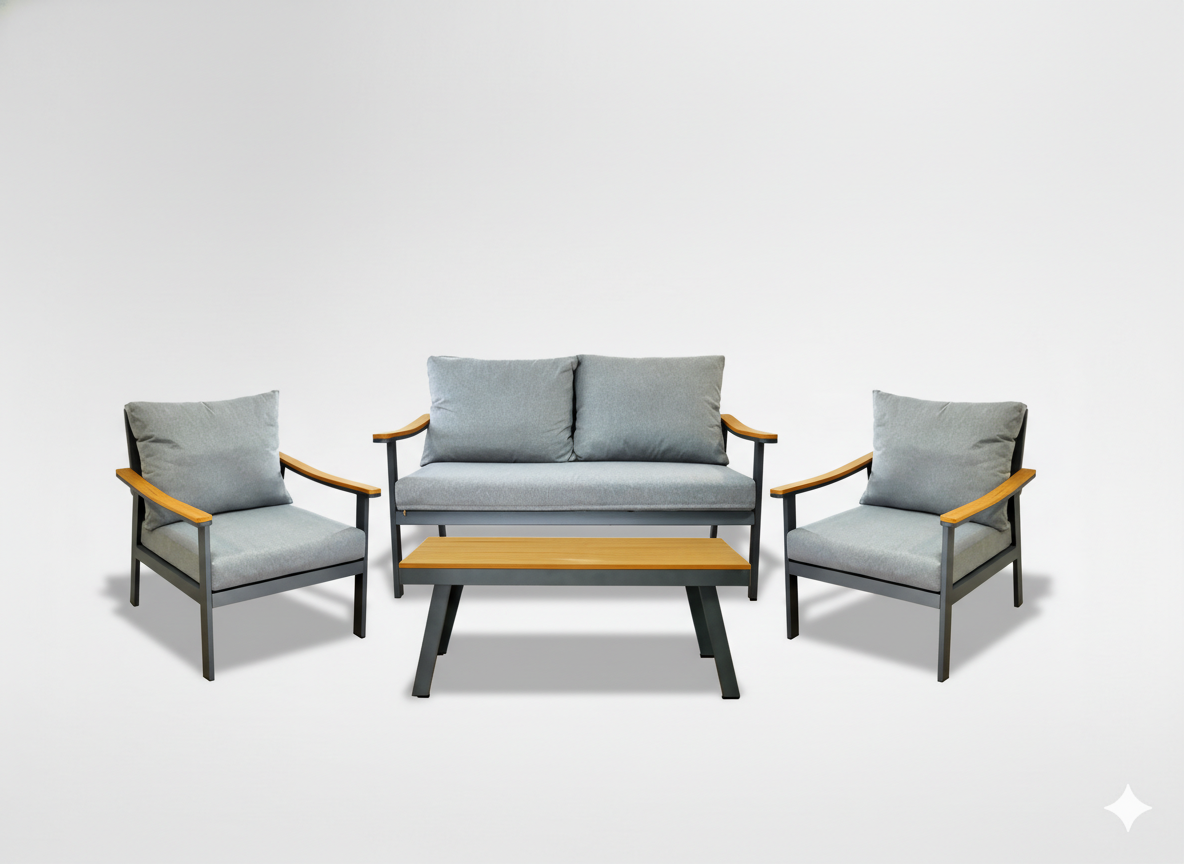 ZESTAW MEBLI ALUMINIOWYCH "LUBLANA" (SOFA + 2 FOTELE + STOLIK) SZARY + SZARE PODUSZKI