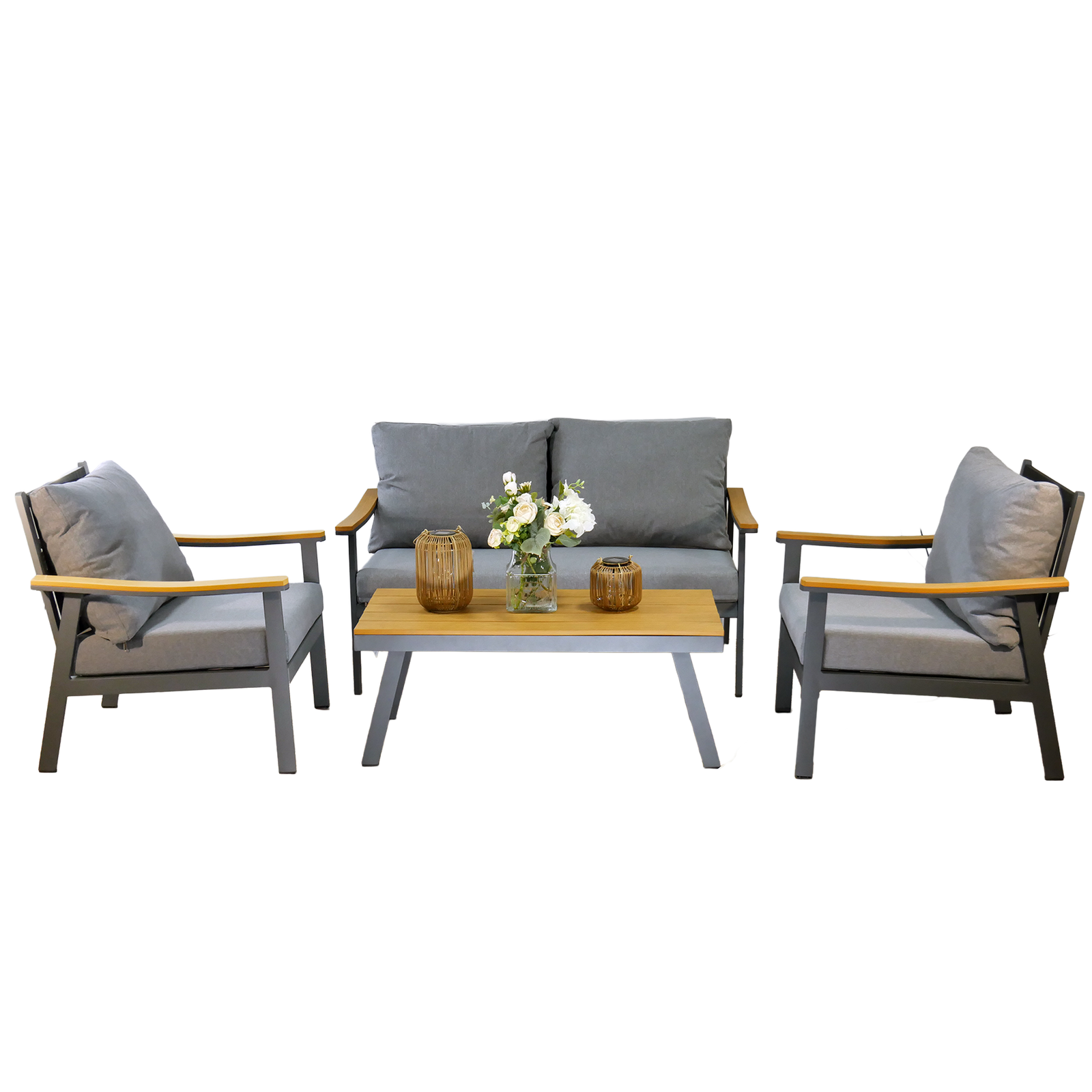 ZESTAW MEBLI ALUMINIOWYCH "LUBLANA" (SOFA + 2 FOTELE + STOLIK) SZARY + SZARE PODUSZKI - obrazek 3