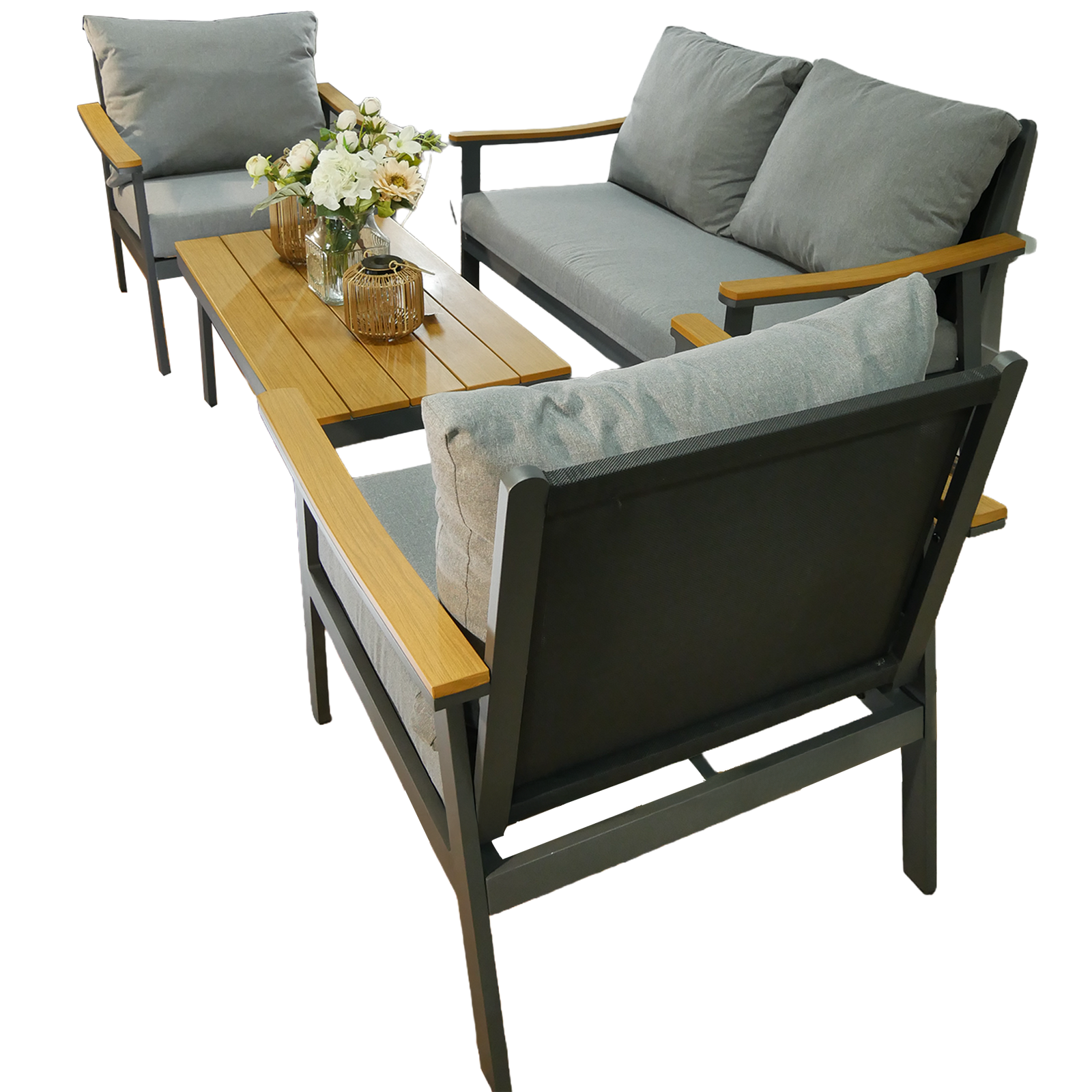 ZESTAW MEBLI ALUMINIOWYCH "LUBLANA" (SOFA + 2 FOTELE + STOLIK) SZARY + SZARE PODUSZKI - obrazek 4