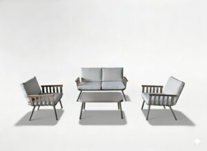 ZESTAW MEBLI ALUMINIOWYCH (SOFA + 2 FOTELE + STOLIK) BEŻOWY + BEŻOWE PODUSZKI