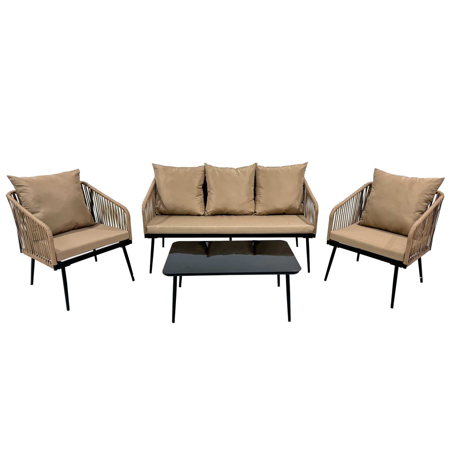 ZESTAW MEBLI OGRODOWYCH Z PLECIONEJ LINY (2 FOTELE + SOFA + STOLIK) - BEŻOWY, PODUSZKI - BEŻOWE - obrazek 5