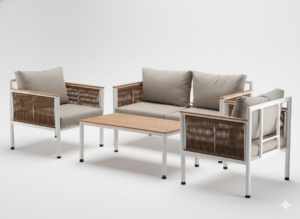 ZESTAW MEBLI ALUMINIOWYCH "BELGRAD" (SOFA + 2 FOTELE + STOLIK) BEŻOWY + BEŻOWE PODUSZKI