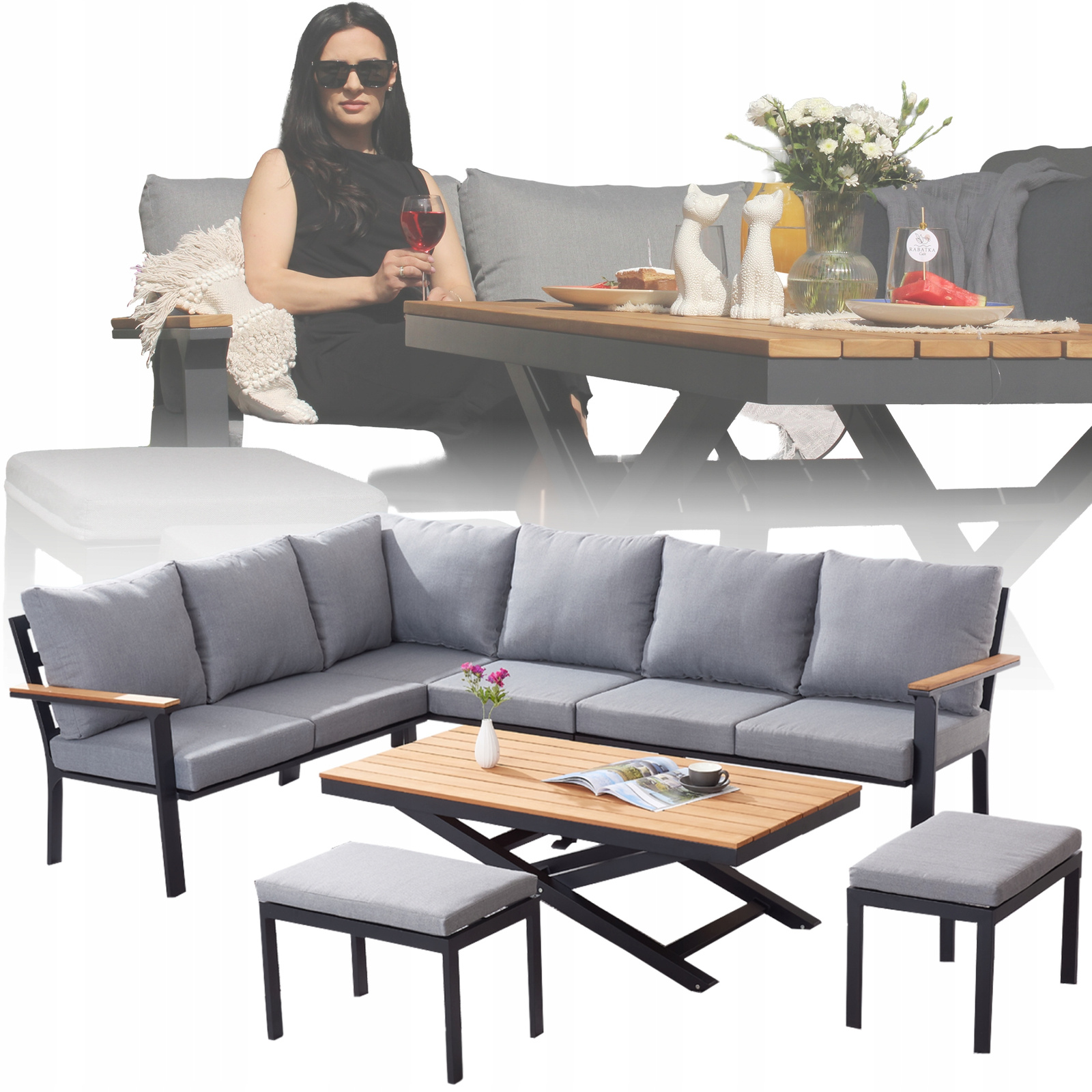 ZESTAW MEBLI OGRODOWYCH ALUMINIOWYCH TEAKOWYCH (SOFA NAROŻNA + STÓŁ + 2 TABORETY) ANTRACYT + SZARE PODUSZKI - obrazek 2