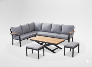 ZESTAW MEBLI OGRODOWYCH ALUMINIOWYCH TEAKOWYCH (SOFA NAROŻNA + STÓŁ + 2 TABORETY) ANTRACYT + SZARE PODUSZKI