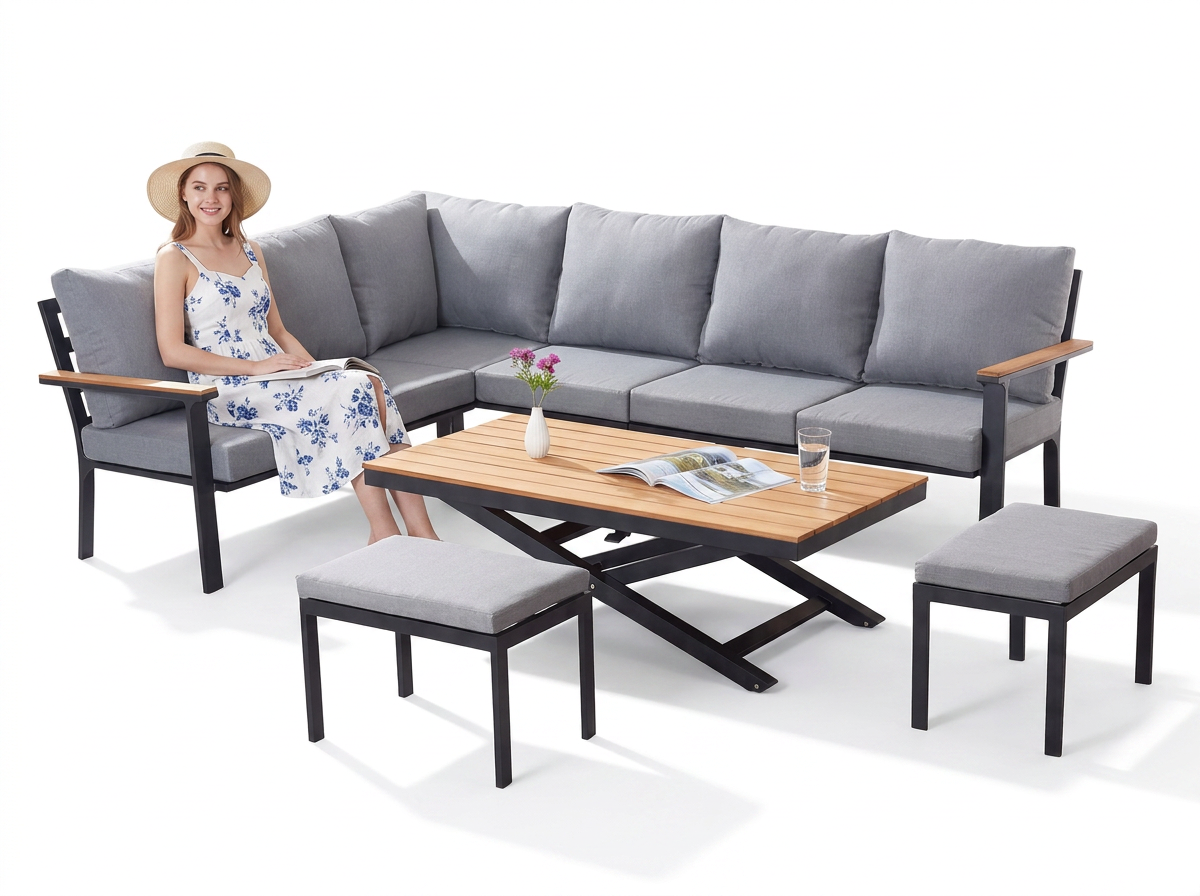 ZESTAW MEBLI OGRODOWYCH ALUMINIOWYCH TEAKOWYCH (SOFA NAROŻNA + STÓŁ + 2 TABORETY) ANTRACYT + SZARE PODUSZKI - obrazek 3