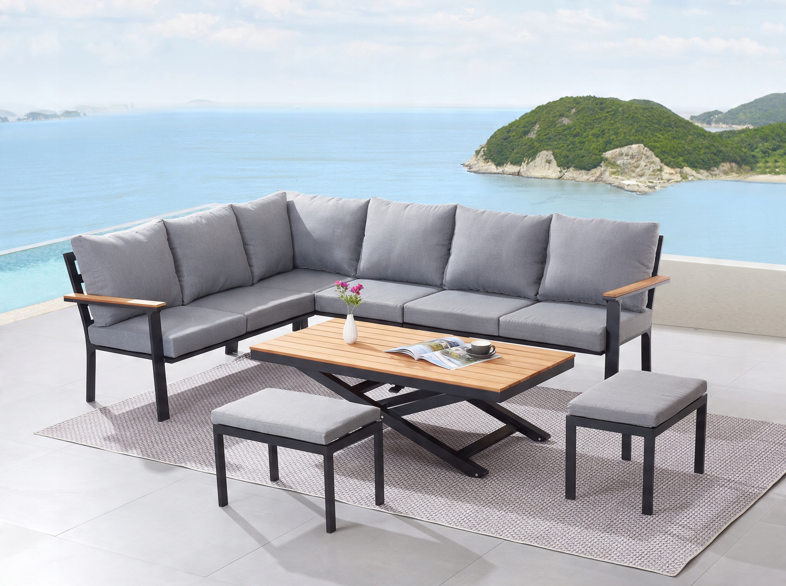 ZESTAW MEBLI OGRODOWYCH ALUMINIOWYCH TEAKOWYCH (SOFA NAROŻNA + STÓŁ + 2 TABORETY) ANTRACYT + SZARE PODUSZKI - obrazek 4
