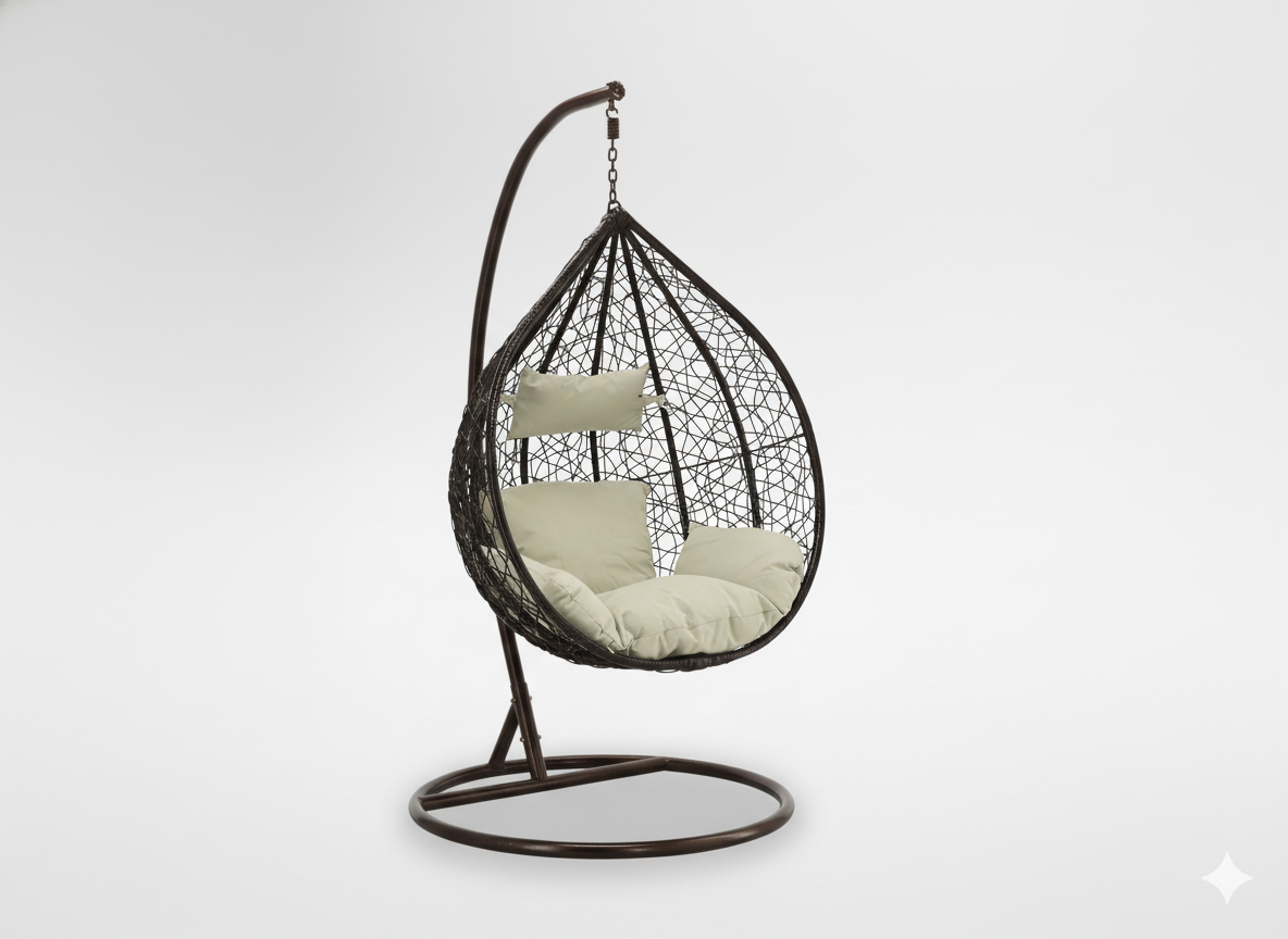 FOTEL WISZĄCY BRĄZ, PODUSZKA - BEŻOWA, RAMA - BRĄZOWA 118X107XD68CM