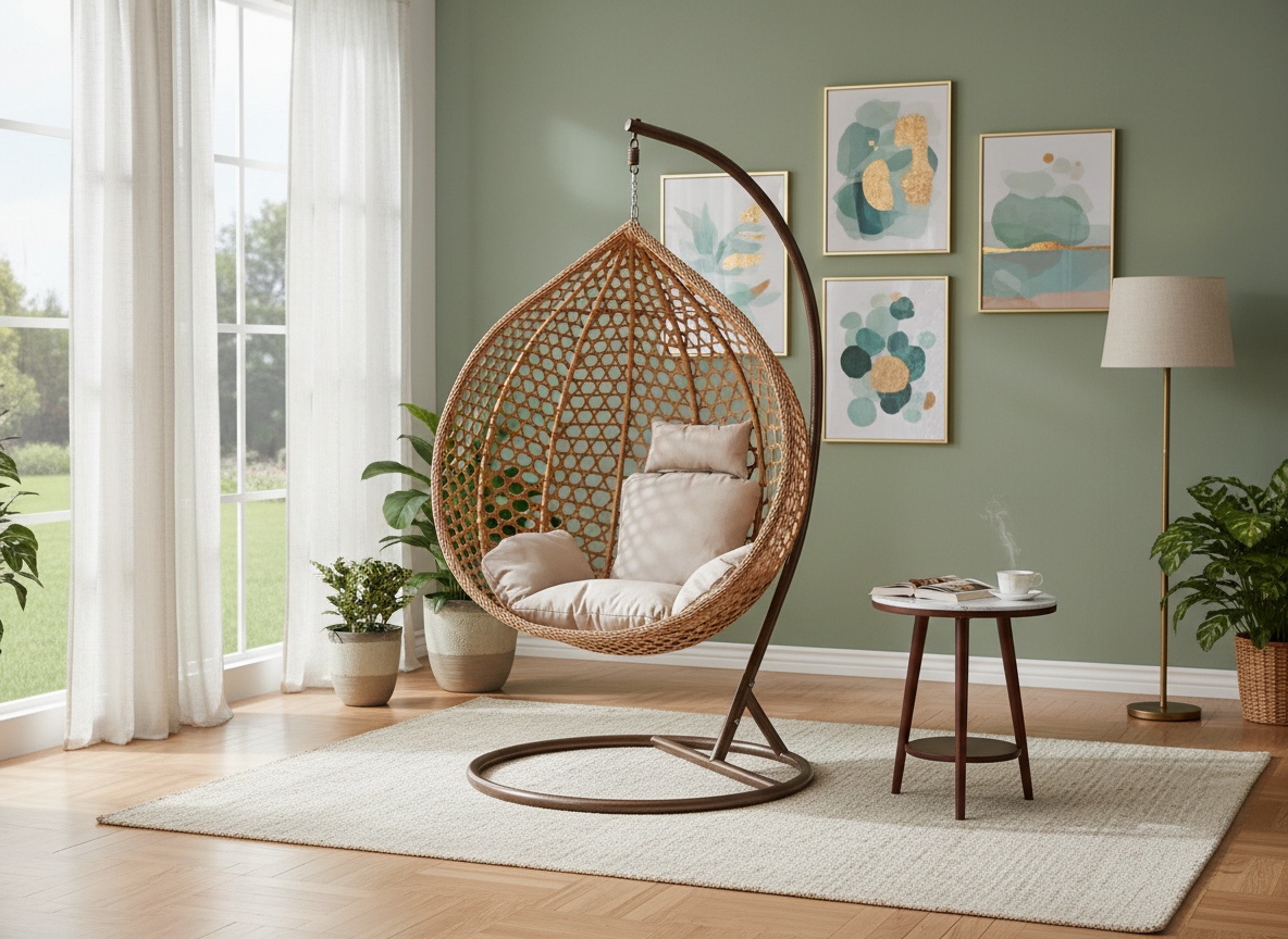 FOTEL WISZĄCY ROZM. XL BRĄZOWY, PODUSZKA BEŻOWA, RAMA BRĄZOWA - obrazek 3