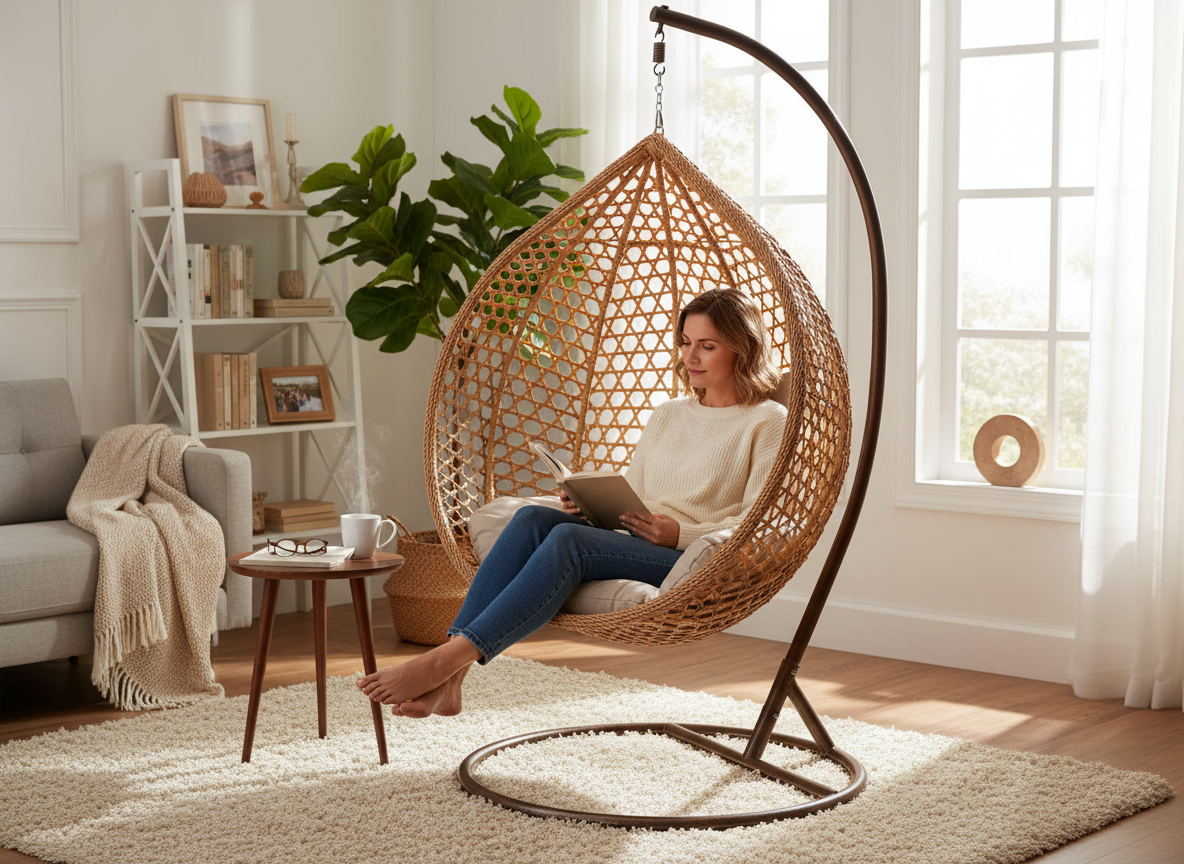 FOTEL WISZĄCY ROZM. XL BRĄZOWY, PODUSZKA BEŻOWA, RAMA BRĄZOWA - obrazek 4