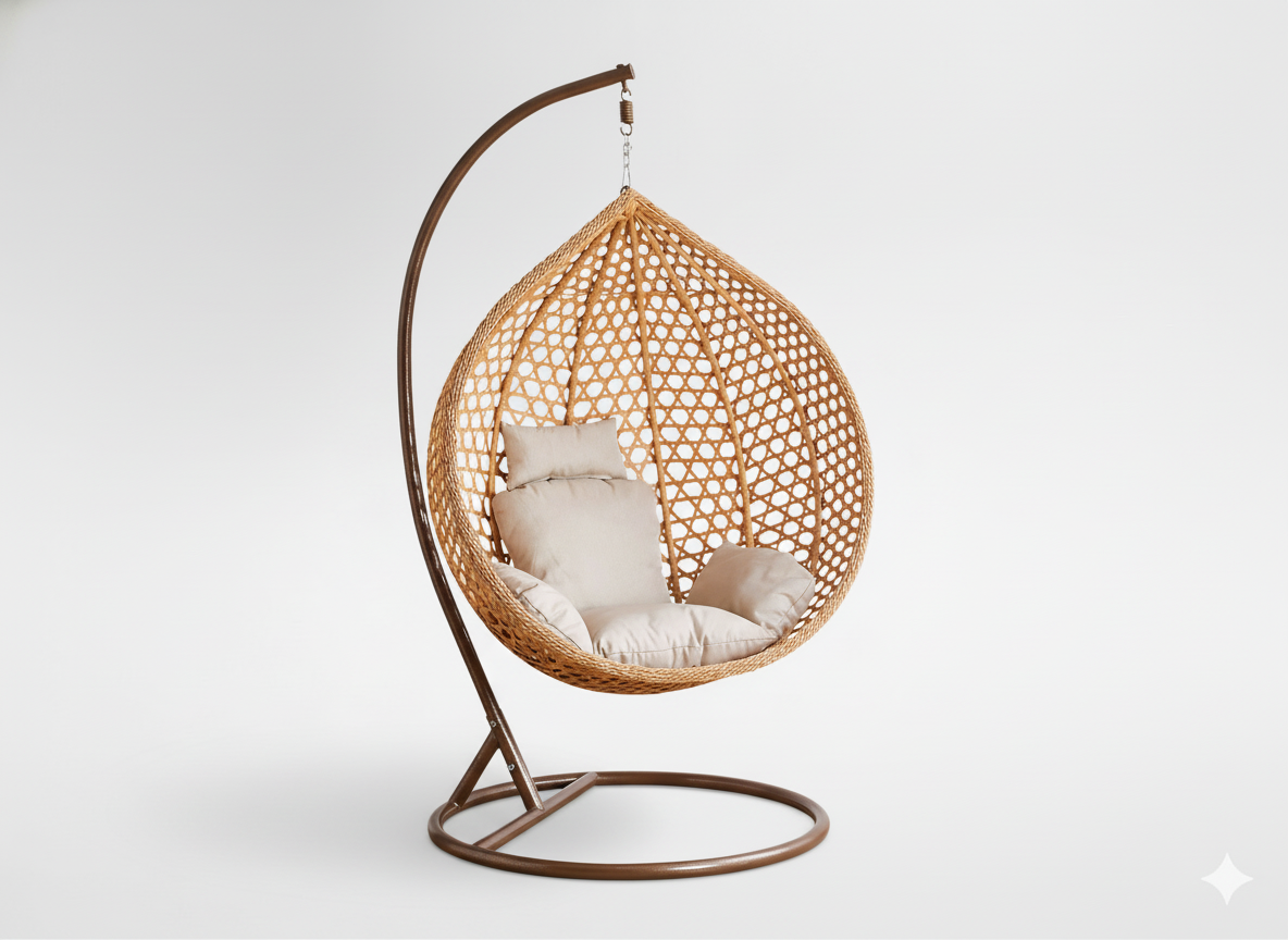 FOTEL WISZĄCY ROZM. XL BRĄZOWY, PODUSZKA BEŻOWA, RAMA BRĄZOWA