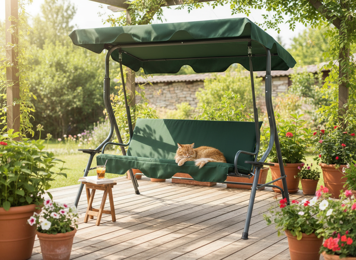 HUŚTAWKA OGRODOWA 170 x 110 x 153 CM CIEMNA ZIELEŃ BEZ POD. Z PODSTAWKAMI NA KUBEK - obrazek 6