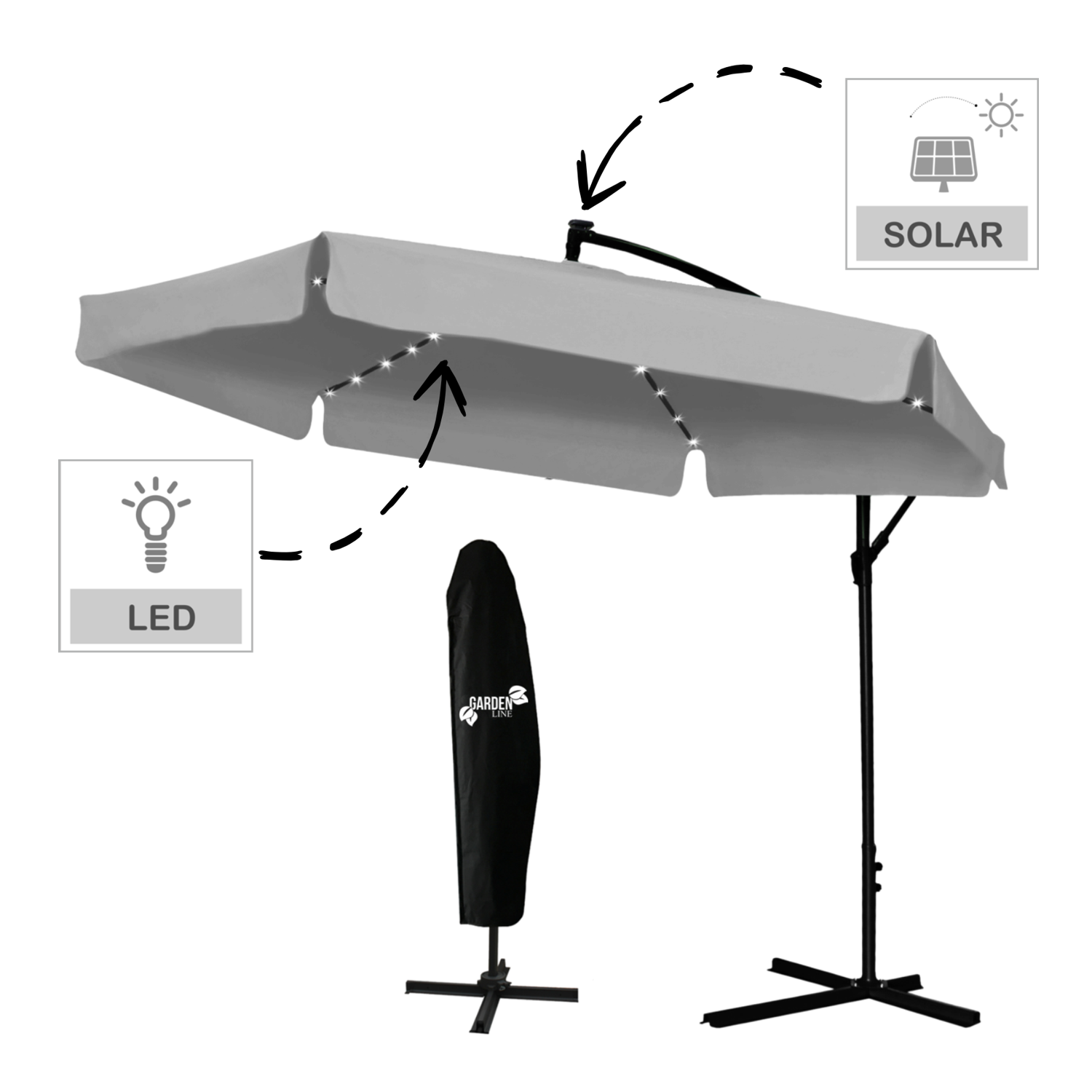 PARASOL OGRODOWY 3 M SZARY "BANANA" Z POKROWCEM Z LED - obrazek 3