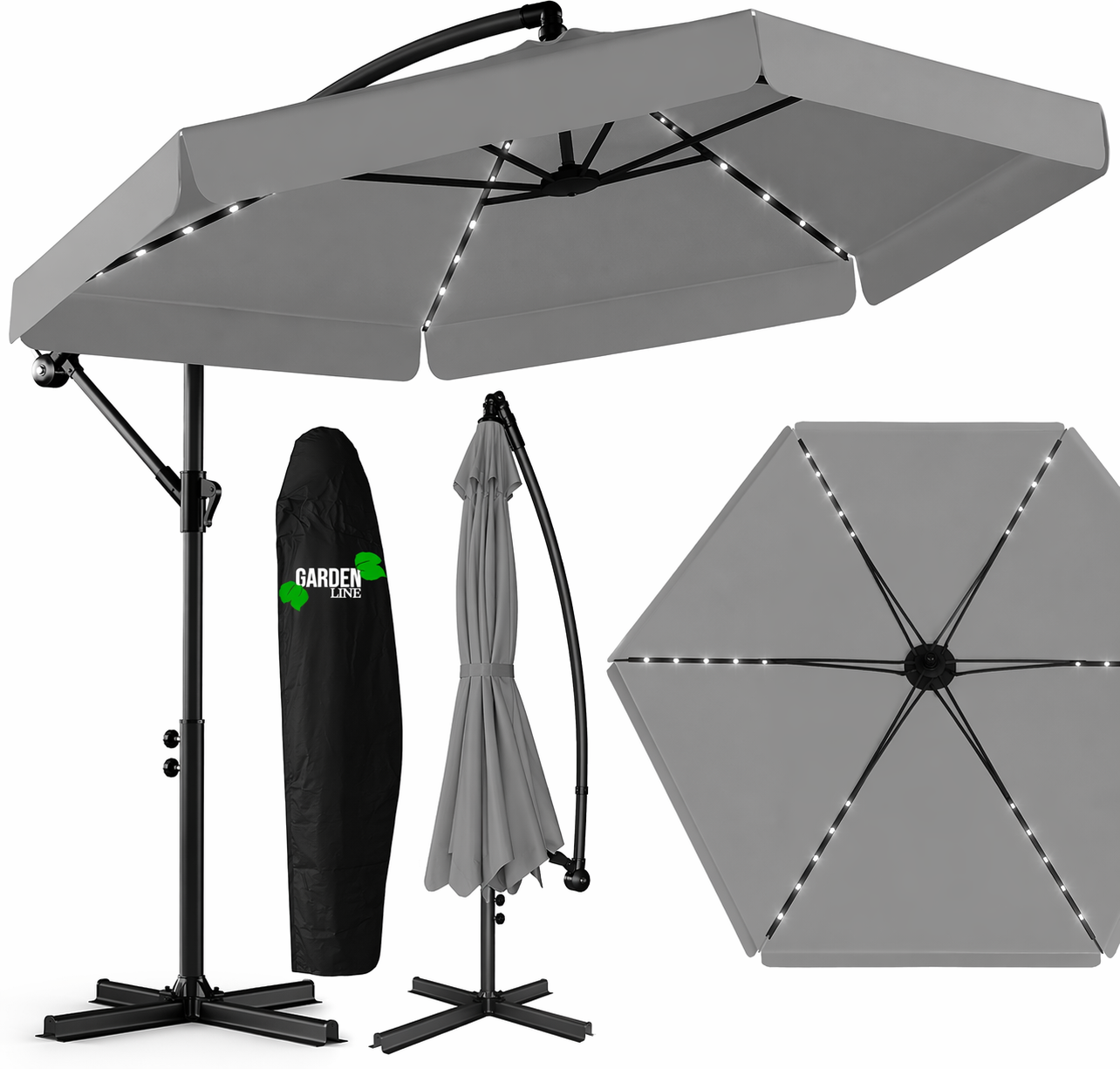 PARASOL OGRODOWY 3 M SZARY "BANANA" Z POKROWCEM Z LED - obrazek 4