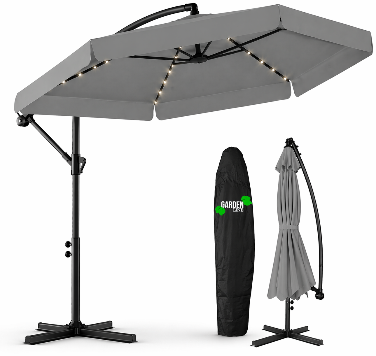 PARASOL OGRODOWY 3 M SZARY "BANANA" Z POKROWCEM Z LED - obrazek 2