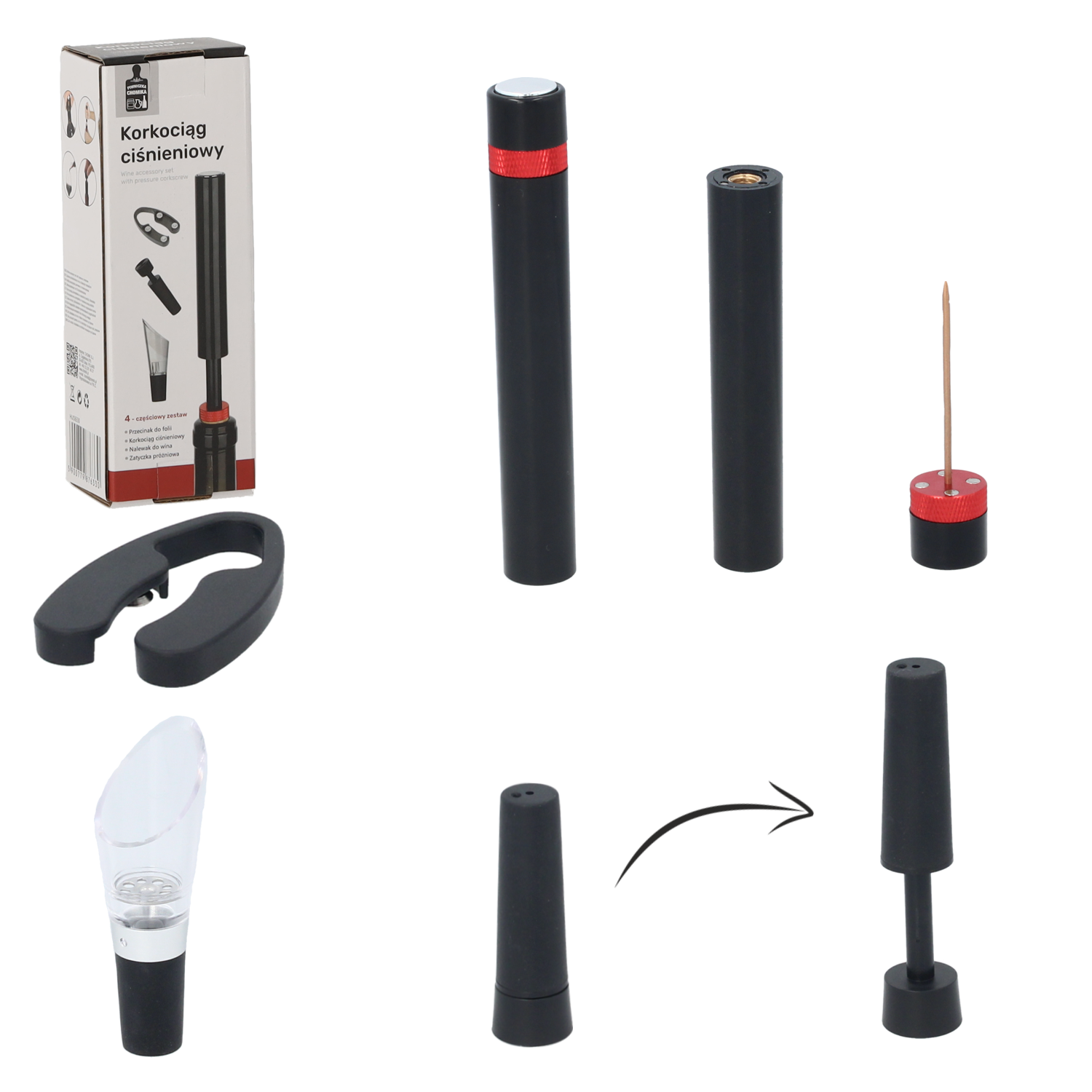 KPL. 4 AKCESORIÓW DO WINA Z KORKOCIĄGIEM CIŚNIENIOWYM *6330