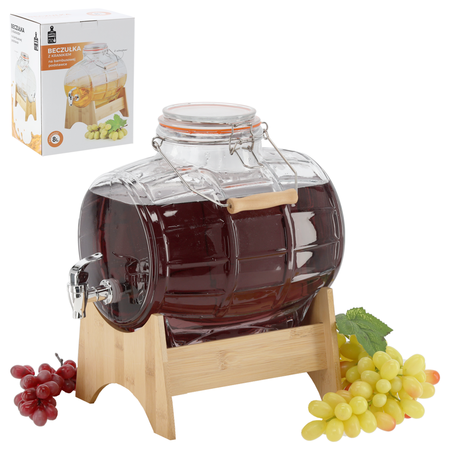 BECZUŁKA 8L NA BAMBUSOWEJ PODSTAWCE Z KRANIKIEM, UCHWYTEM I MECHANICZNYM ZAPIĘCIEM *1722