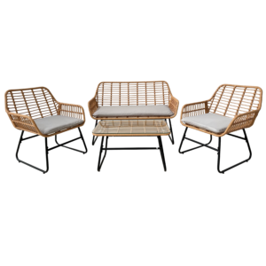 ZESTAW MEBLI OGRODOWYCH (SOFA, 2 KRZESŁA, STOLIK) - BRĄZOWY, PODUSZKI - SZARY