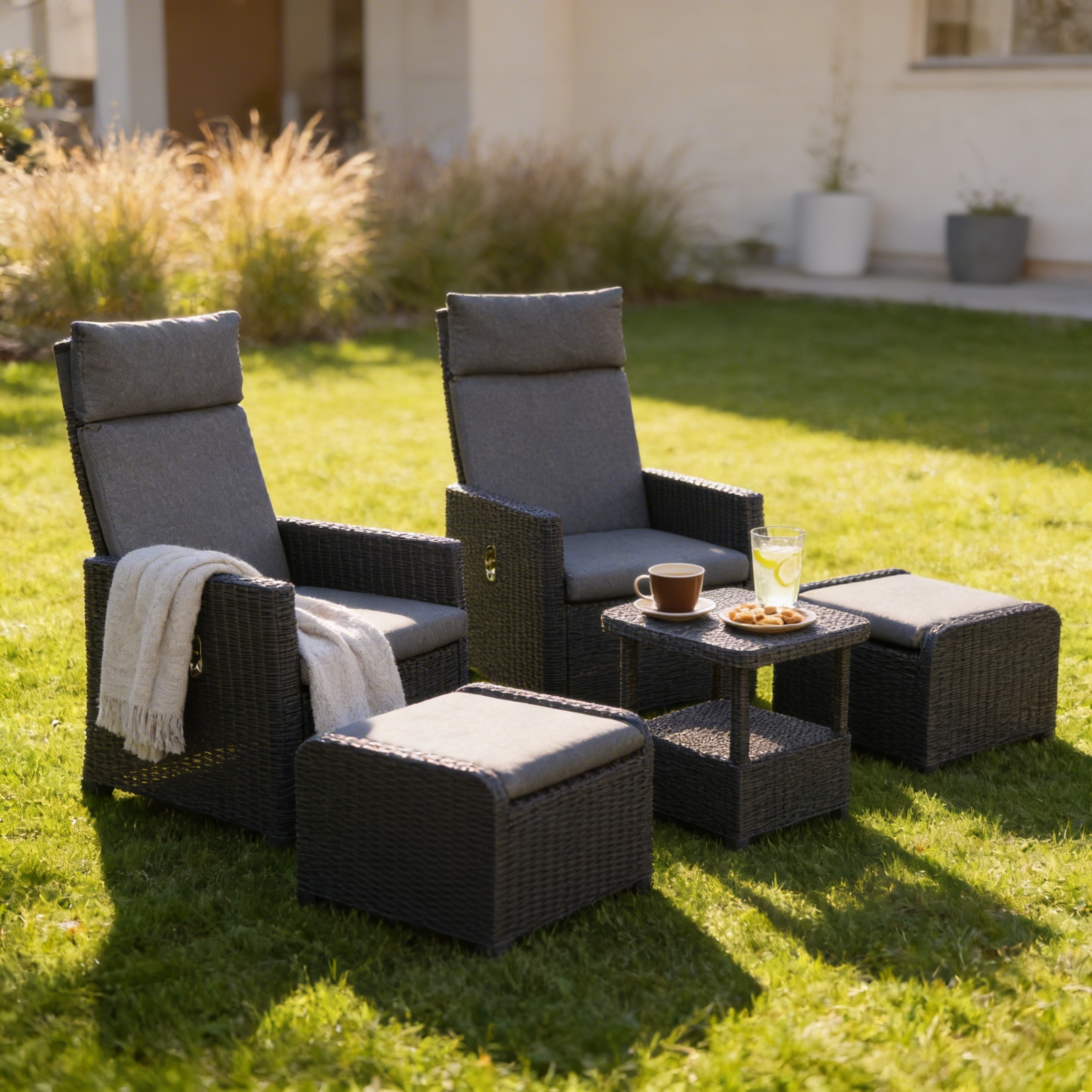 ZESTAW MEBLI OGRODOWYCH - ANTRACYT (2 ROZKŁADANE FOTELE, STOLIK, 2 PODNÓŻKI) - obrazek 3