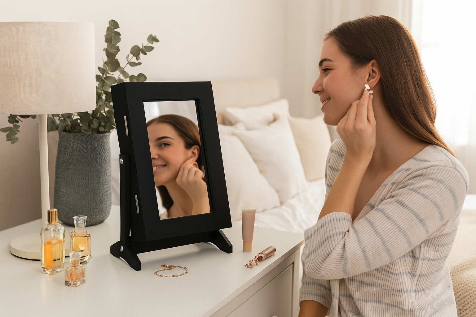 SZAFKA NA BIŻUTERIĘ Z LUSTREM CZARNA 21 x 15 x 35 cm *8072 - obrazek 2