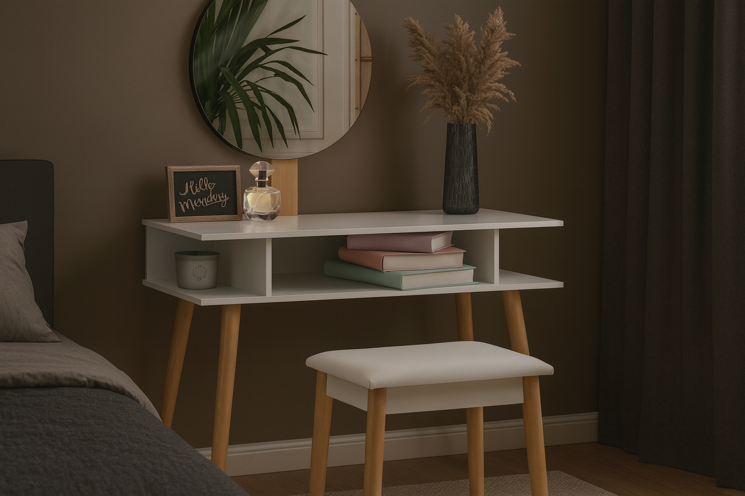 TOALETKA DO WIZAŻU BIAŁA RETRO Z OKRĄGŁYM LUSTREM + TABORET *5803 - obrazek 4