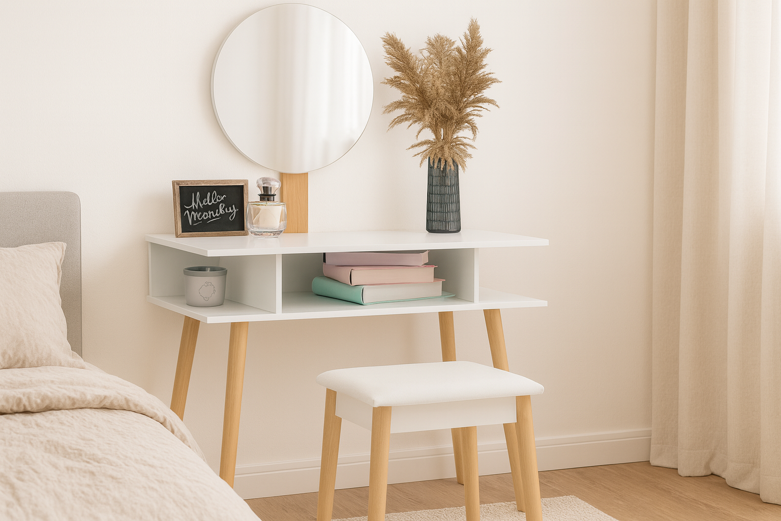 TOALETKA DO WIZAŻU BIAŁA RETRO Z OKRĄGŁYM LUSTREM + TABORET *5803 - obrazek 3