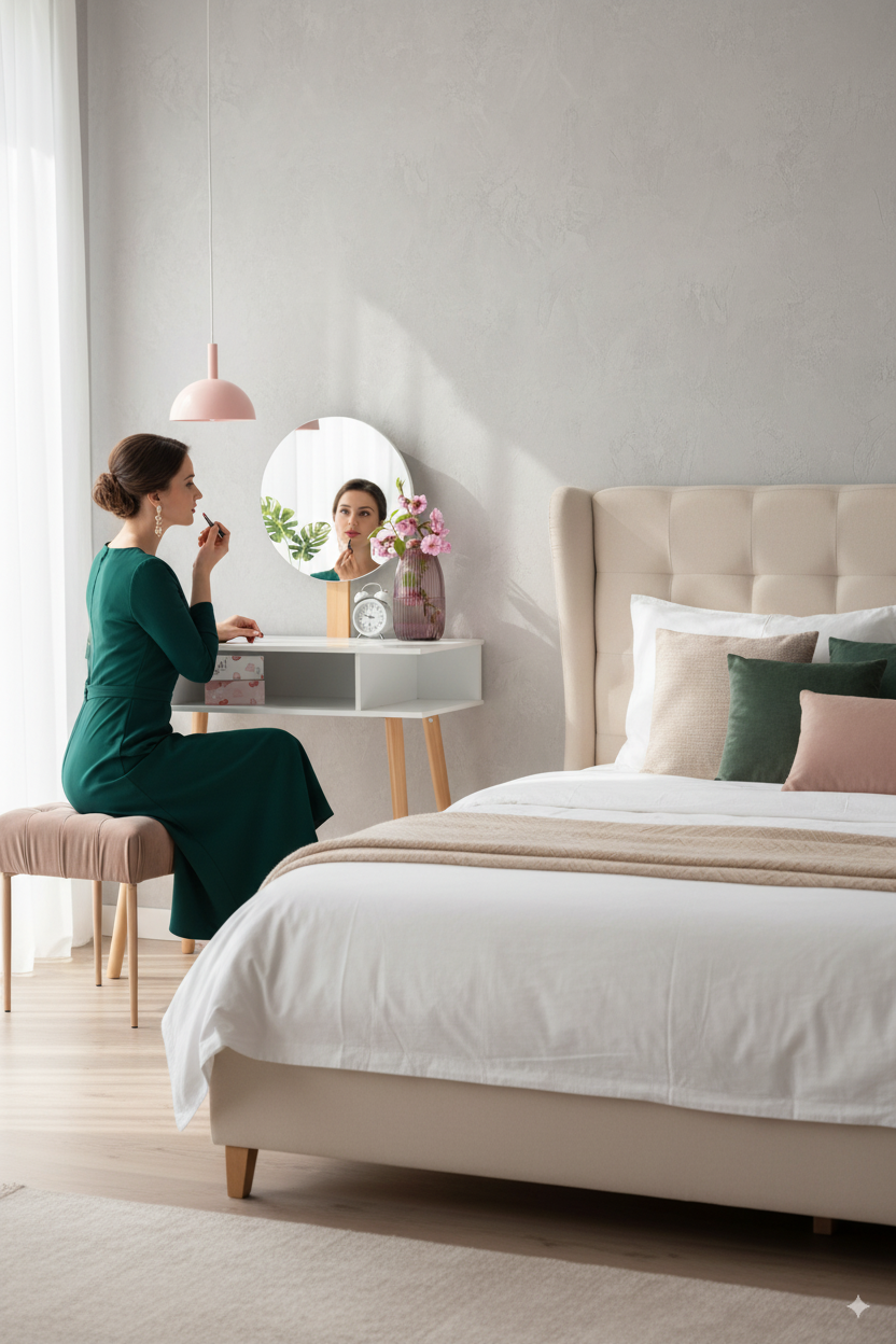 TOALETKA DO WIZAŻU BIAŁA RETRO Z OKRĄGŁYM LUSTREM + TABORET *5803 - obrazek 7