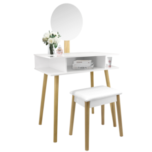 TOALETKA DO WIZAŻU BIAŁA RETRO Z OKRĄGŁYM LUSTREM + TABORET *5803