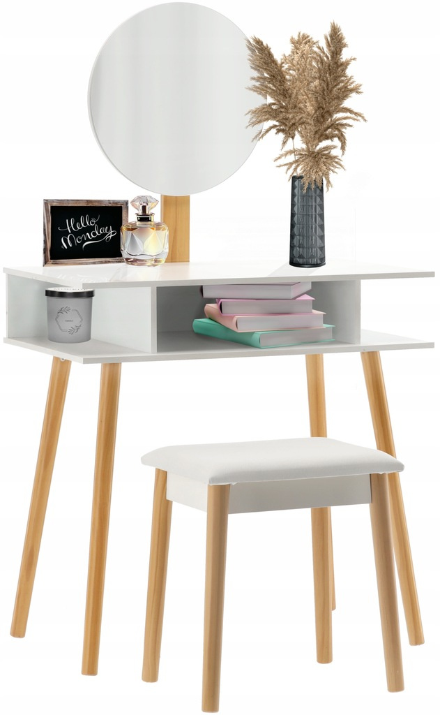 TOALETKA DO WIZAŻU BIAŁA RETRO Z OKRĄGŁYM LUSTREM + TABORET *5803 - obrazek 8