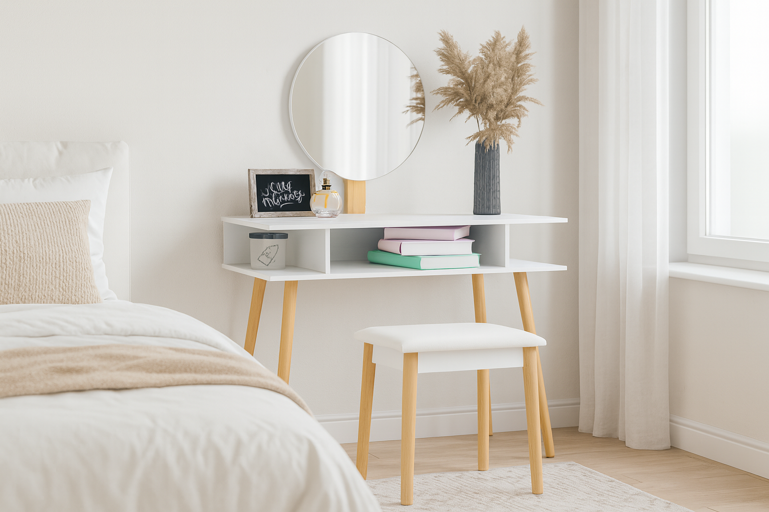 TOALETKA DO WIZAŻU BIAŁA RETRO Z OKRĄGŁYM LUSTREM + TABORET *5803 - obrazek 2